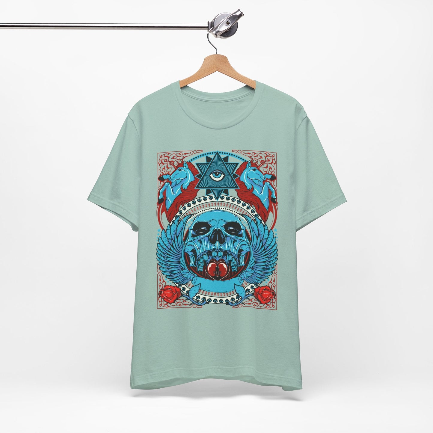 All-Seeing Skull Illustration Tee Winged Skull Third Eye Roses T-Shirt