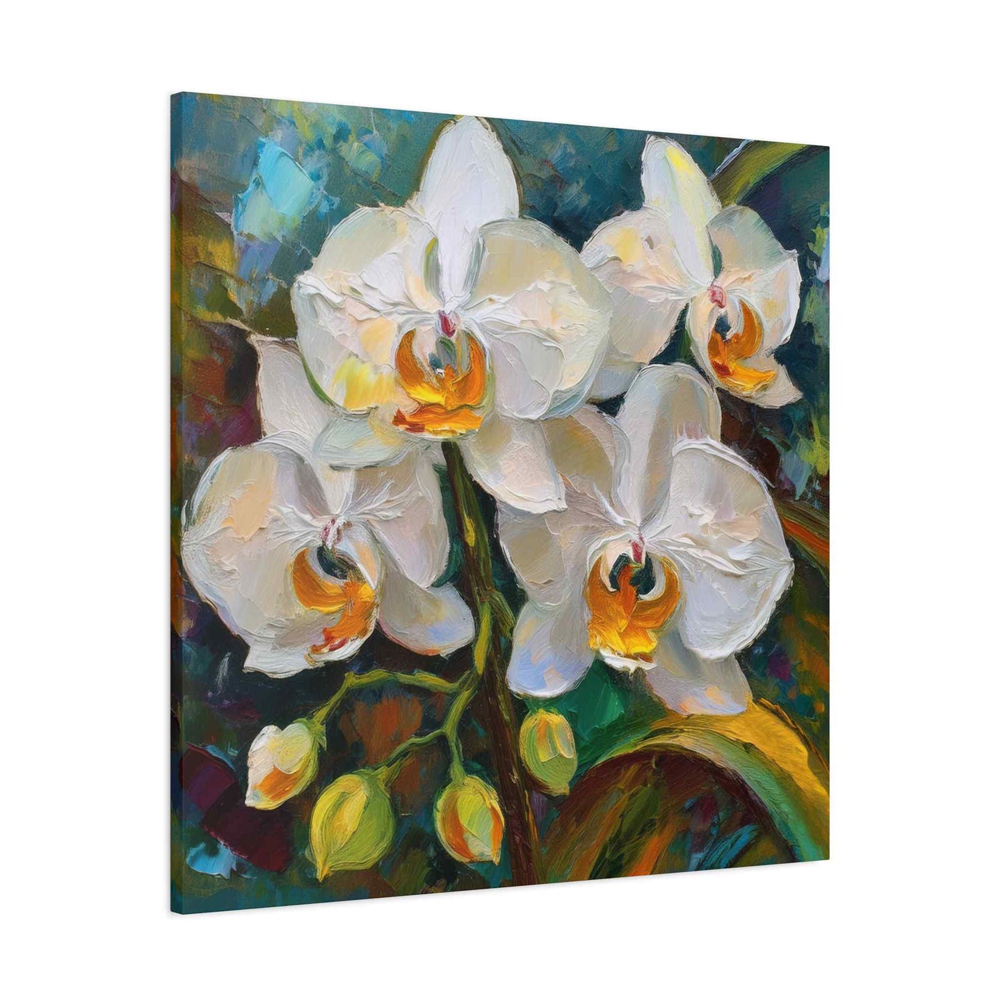 White Orchids Print Canvas, Floral Oil Paint Print 20x20, 24x24, 30x30, 32x32, 36x36 Art Design Pine-Wood Inner Frame MC-137