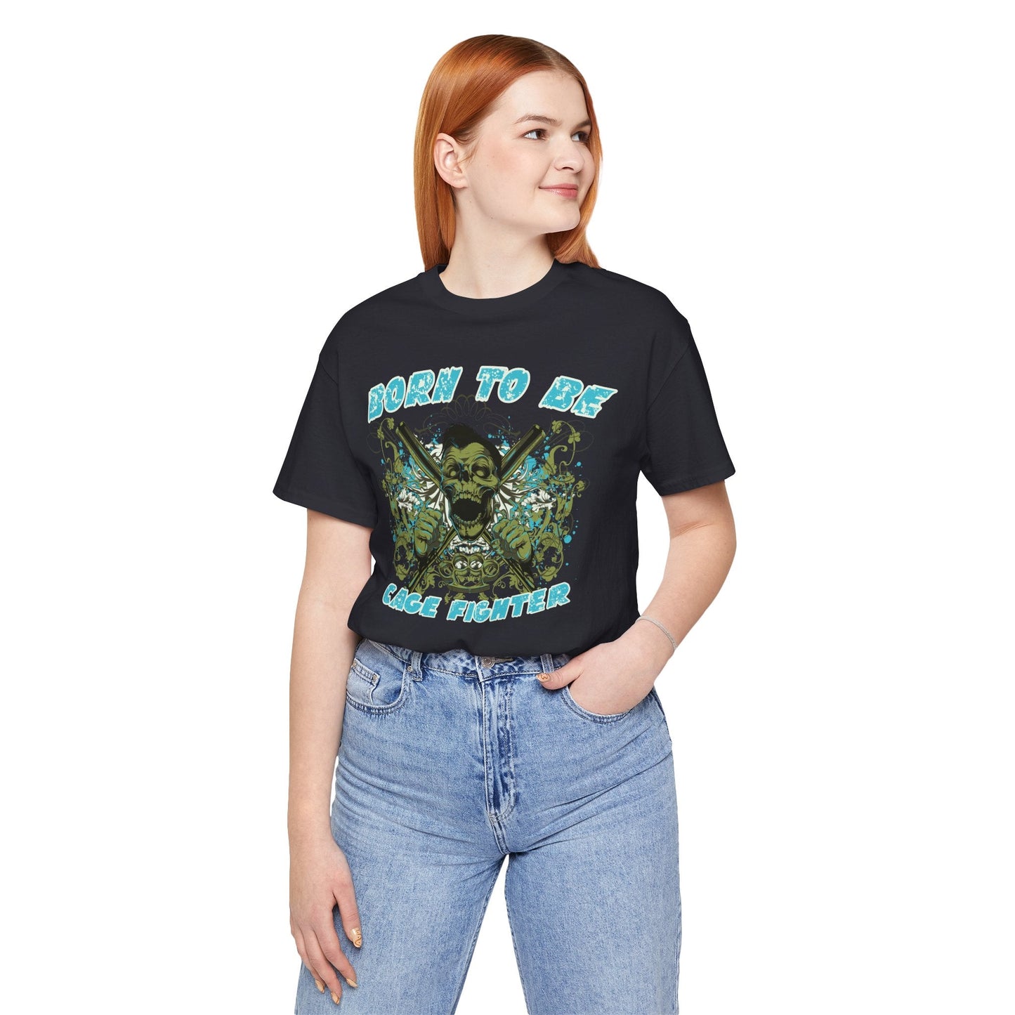 Born To Be Cage Fighter Tee Skull Crossed Knives Graphic T-Shirt