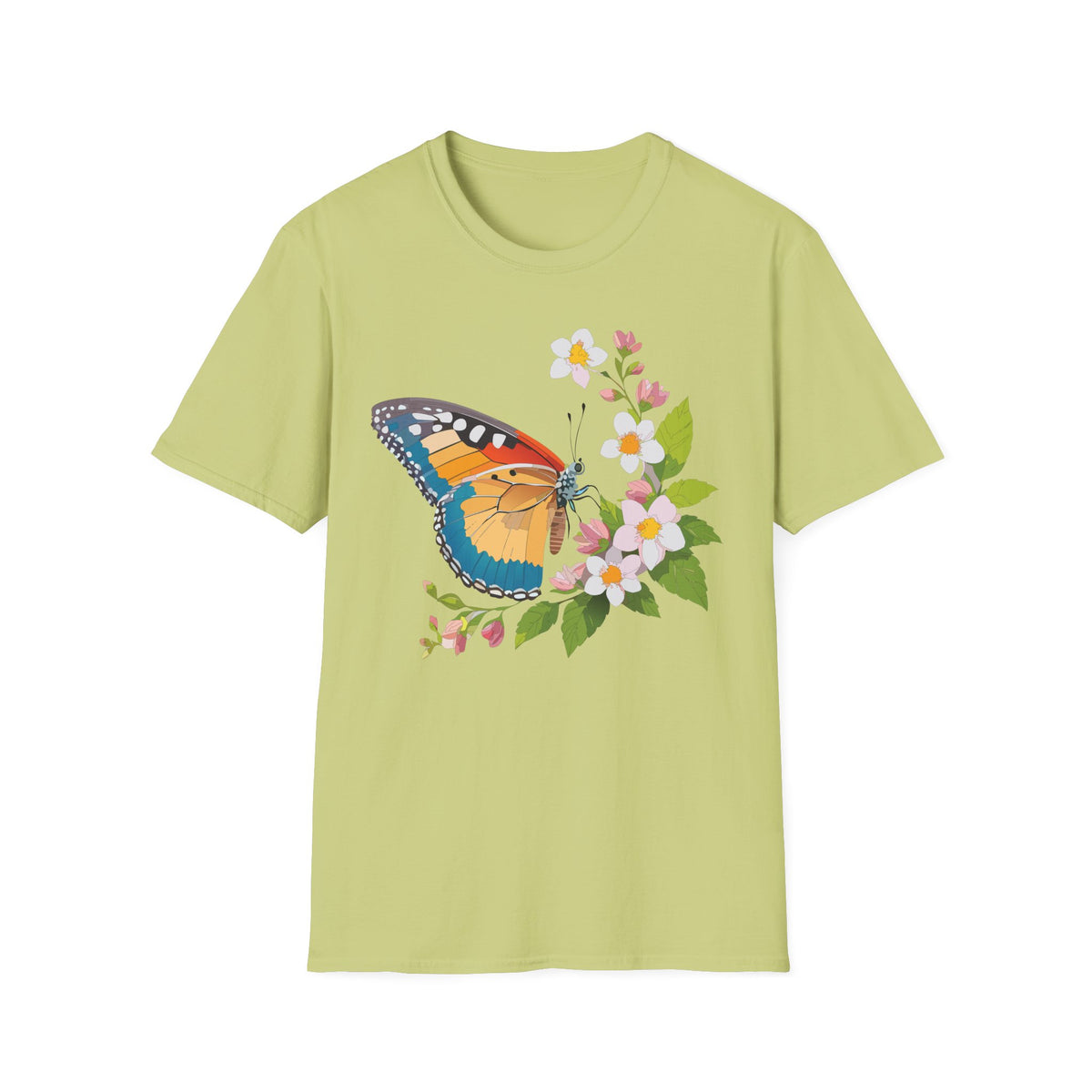 Butterfly Floral T-Shirt — Colorful Monarch with Blossoms Graphic Design Unisex 100 Cotton Gildan T-Shirt