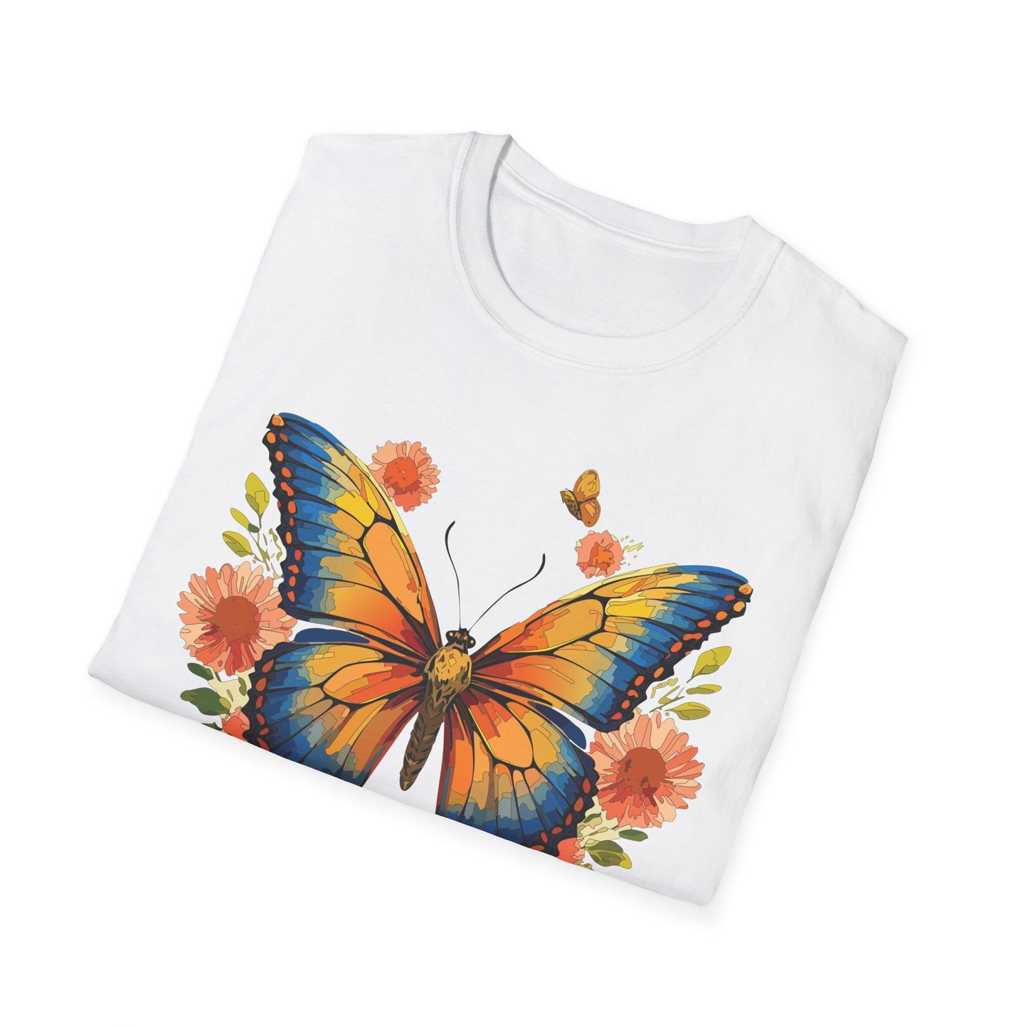 Butterfly T Shirt Unisex Softstyle Gildan 64000 Monarch Print 100 Percent Ring Spun Cotton