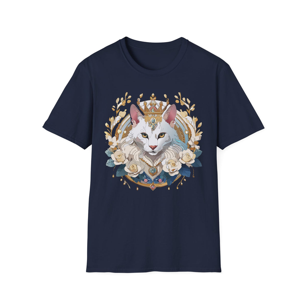 Regal White Cat Illustration T-Shirt | Crowned Feline, Floral Frame