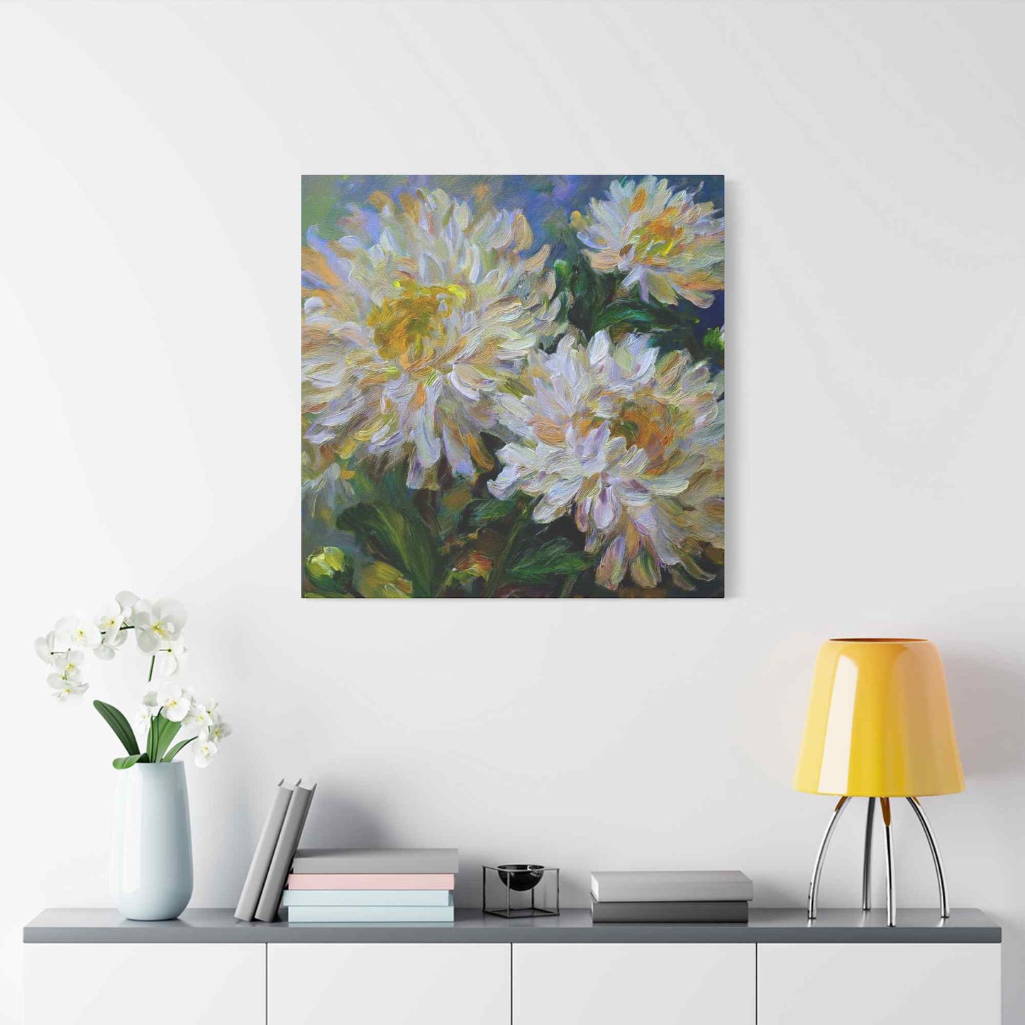 Chrysanthemums Print Canvas, Floral Oil Paint Print 20x20, 24x24, 30x30, 32x32, 36x36 Art Design Pine-Wood Inner Frame MC-160