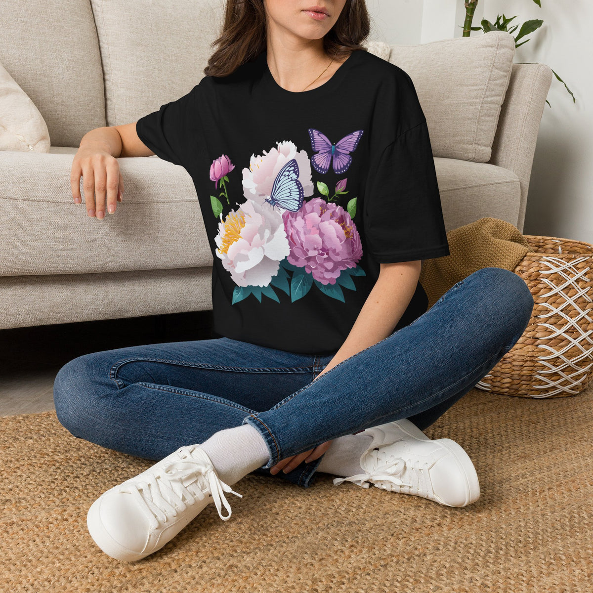 Floral Peonies & Butterflies T-Shirt — pastel garden tee for spring, Mother's Day Graphic Tee Unisex 100 Cotton Gildan T-Shirt