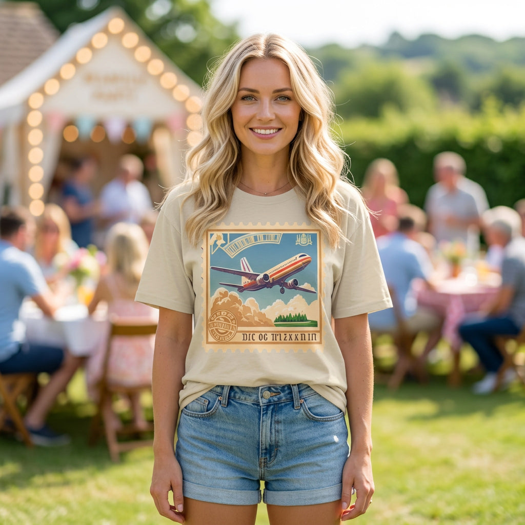 Retro Airplane Stamp illustration T-Shirt | Vintage Travel Plane Graphic Tee Unisex 100 Cotton Gildan T-Shirt