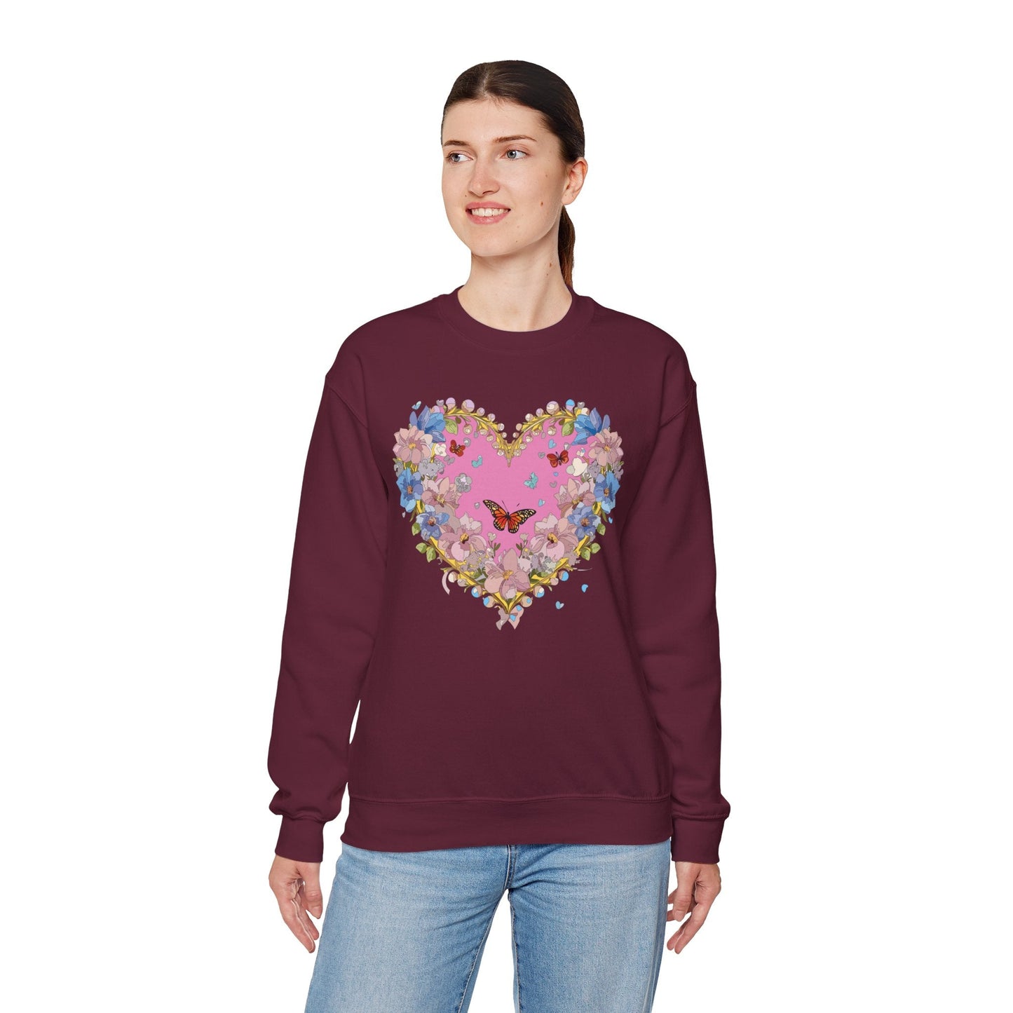 Floral Heart Sweatshirt Unisex Crewneck Gildan 18000 Fifty Fifty Cotton Polyester Valentine's Day