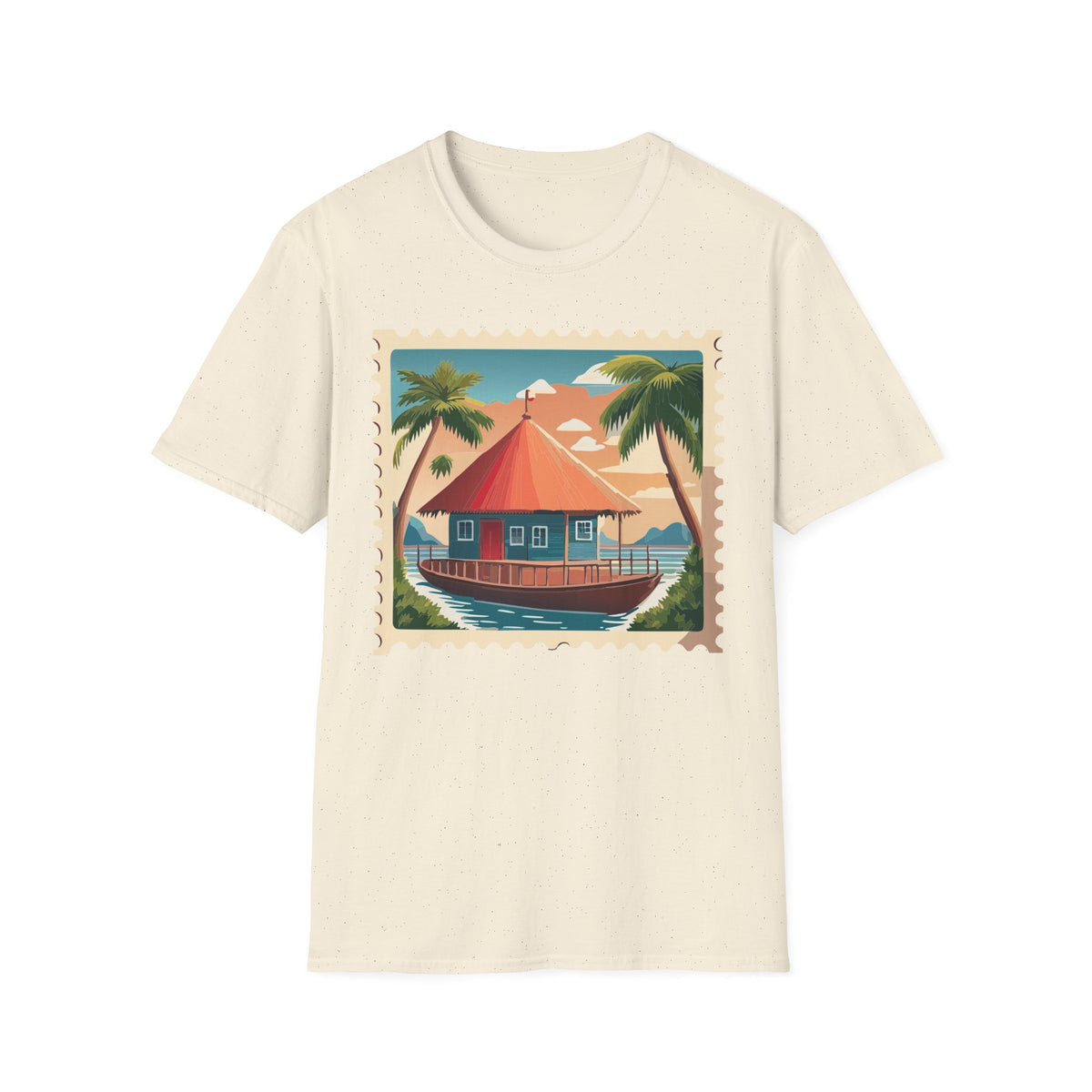 Tropical Beach Cottage T-Shirt | Palm Trees, Sunset Hut Graphic Tee Unisex 100 Cotton Gildan T-Shirt