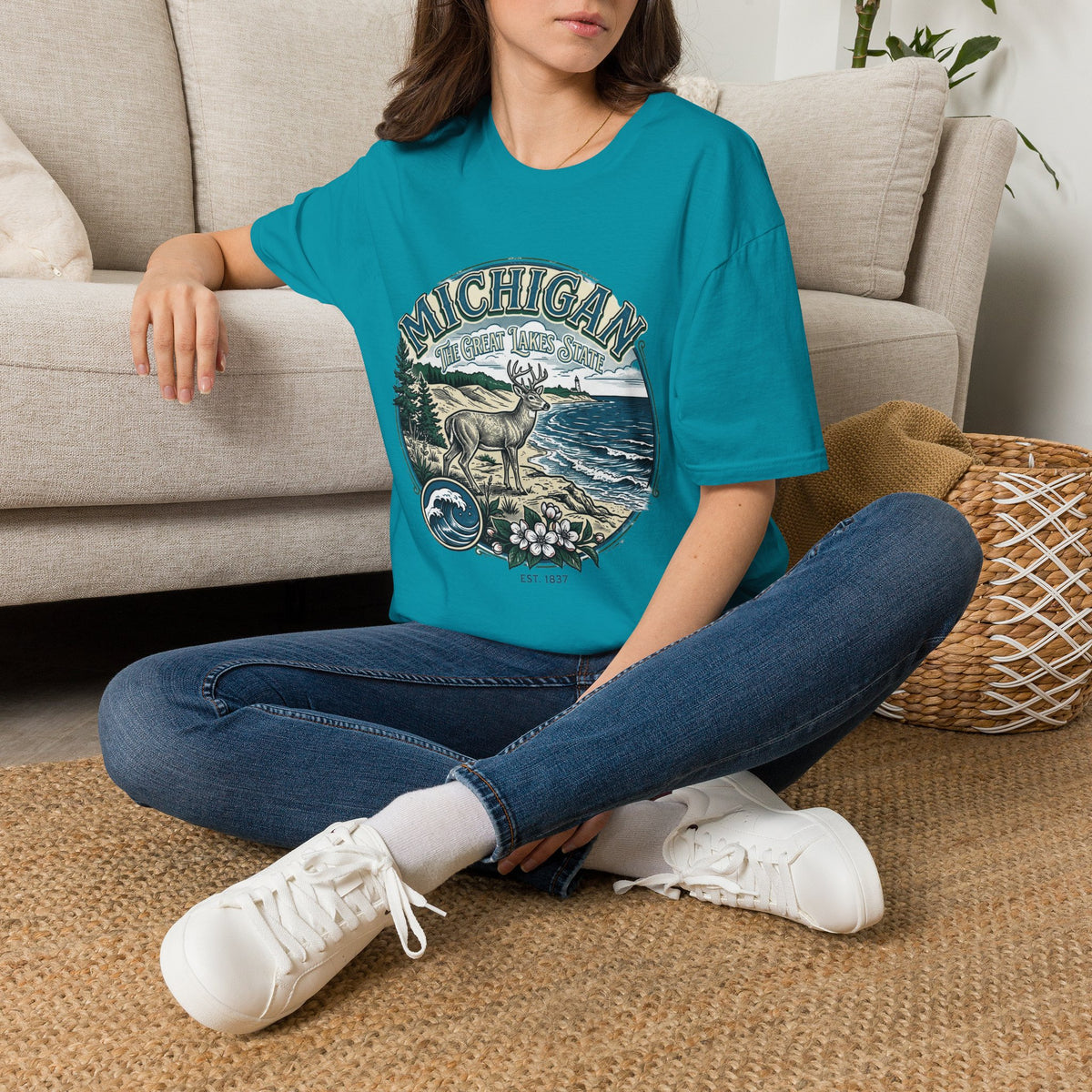 Michigan Deer Scenic T-Shirt — Vintage Great Lakes Travel Tourist Graphic Design Unisex 100 Cotton Gildan T-Shirt