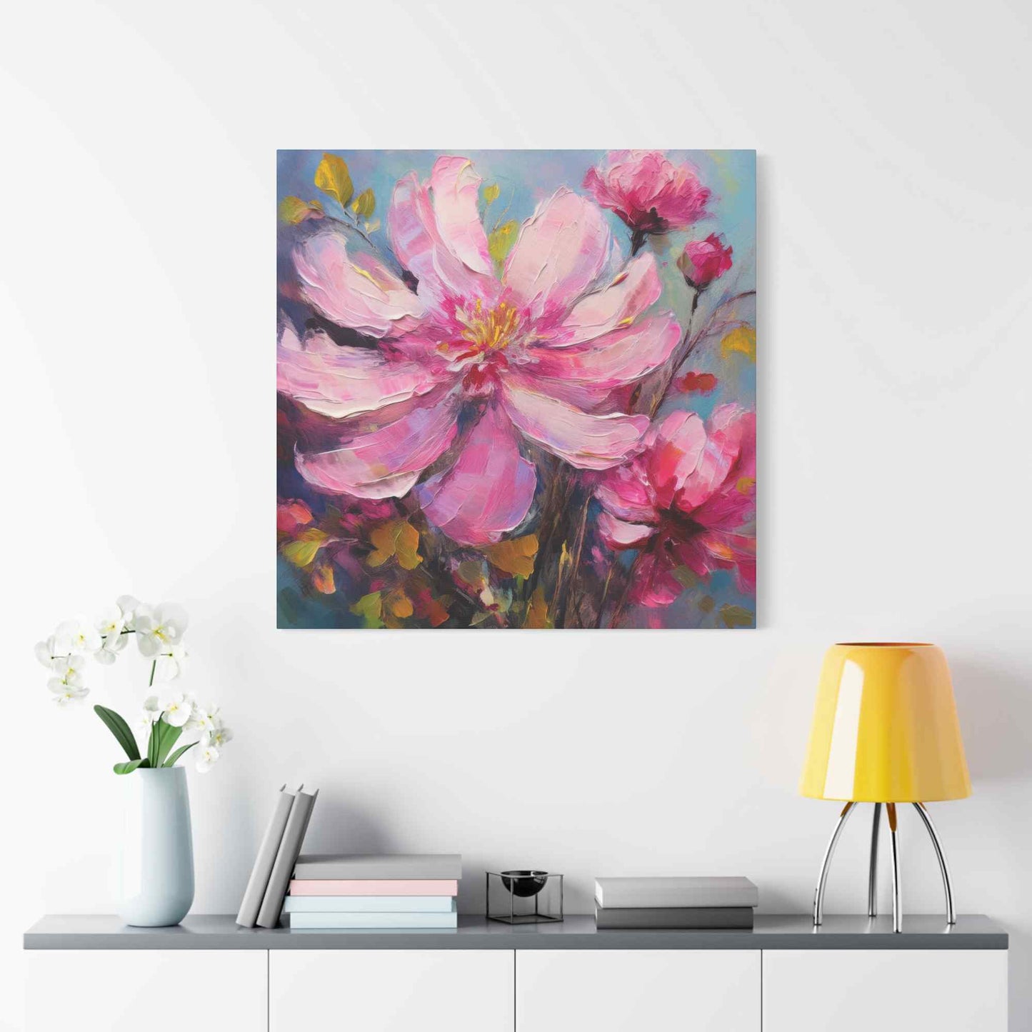 Pink Flowers Print Canvas, Pink Flowers Oil Paint Print 20x20, 24x24, 30x30, 32x32, 36x36, Art Design Print Non-Frame MC-12