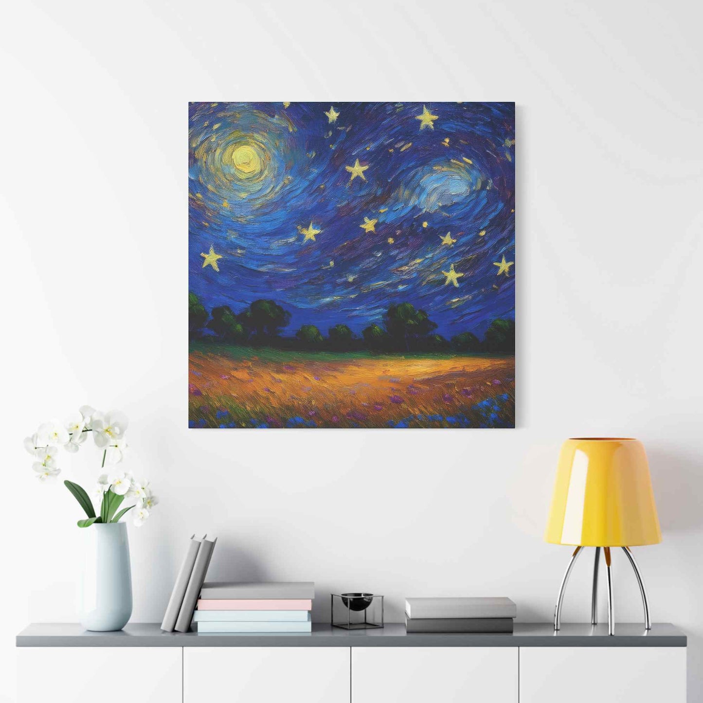 Starry Night Print Canvas, Oil Paint Print 20x20, 24x24, 30x30, 32x32, 36x36 Art Design Print Pine-Wood Inner Frame MC-39