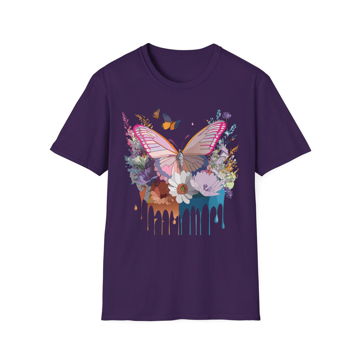 Butterfly Floral T-Shirt — Colorful Drip Wings Graphic Tee Unisex 100 Cotton Gildan T-Shirt