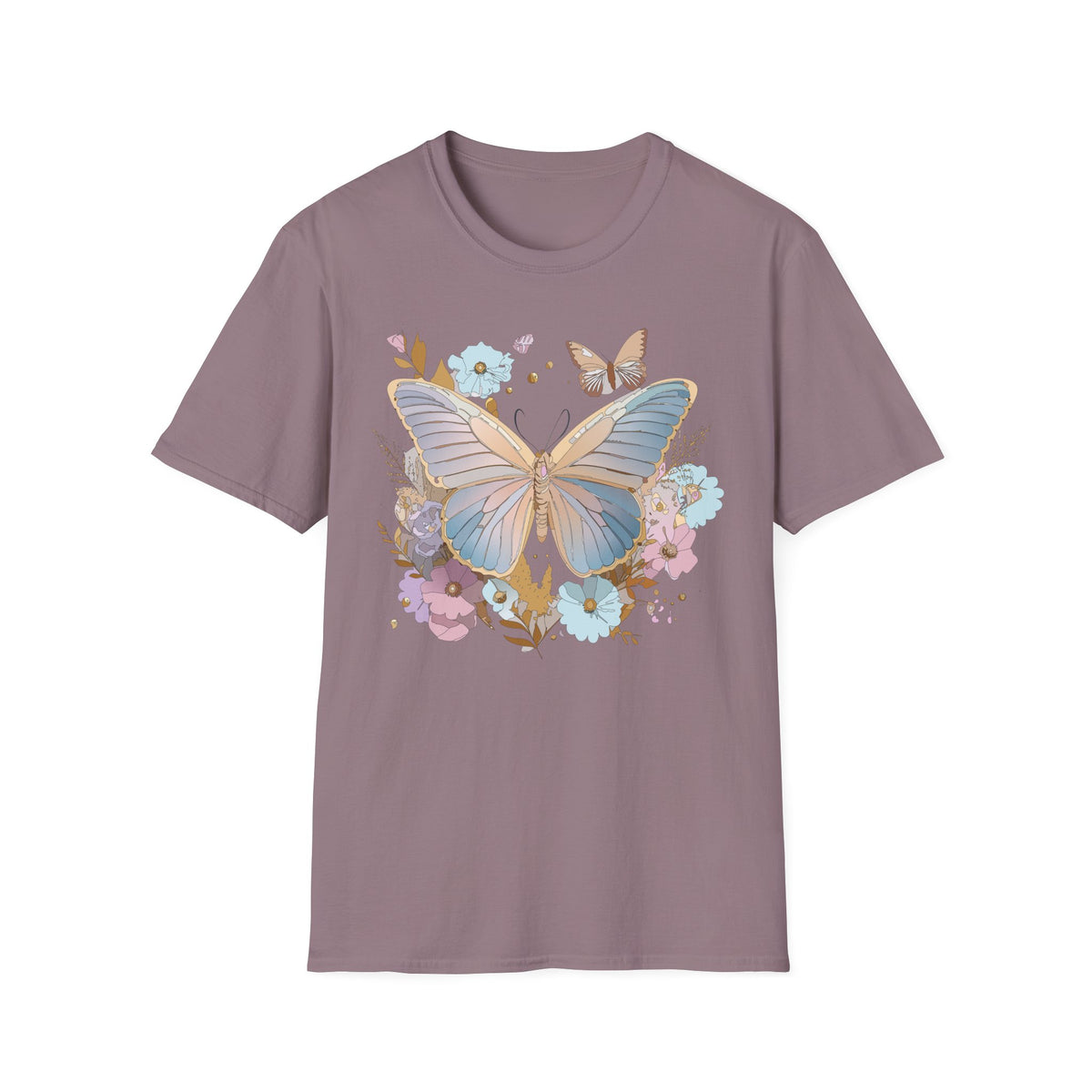 Butterfly Bloom T-Shirt — Pastel Floral Butterfly Graphic Design Unisex 100 Cotton Gildan T-Shirt