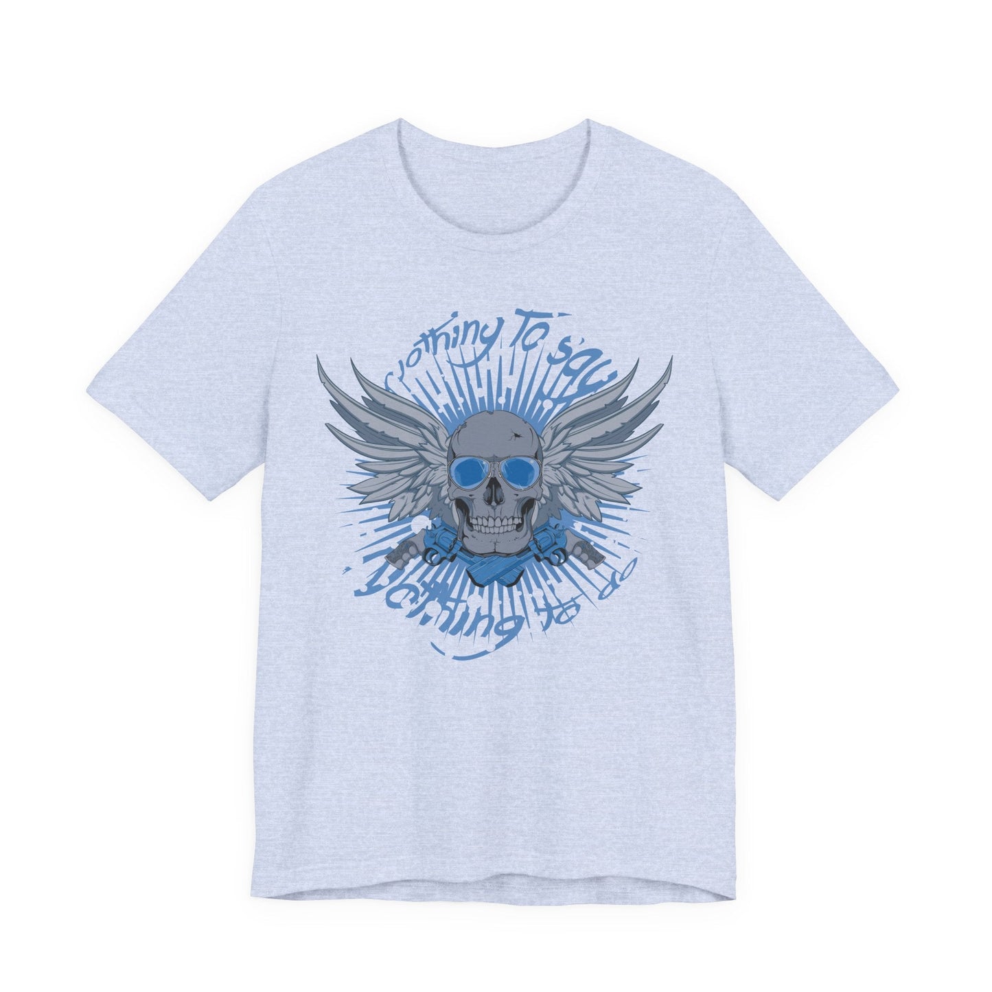 Winged Skull Graphic Tee | Blue Skull with Wings, Radiant Burst