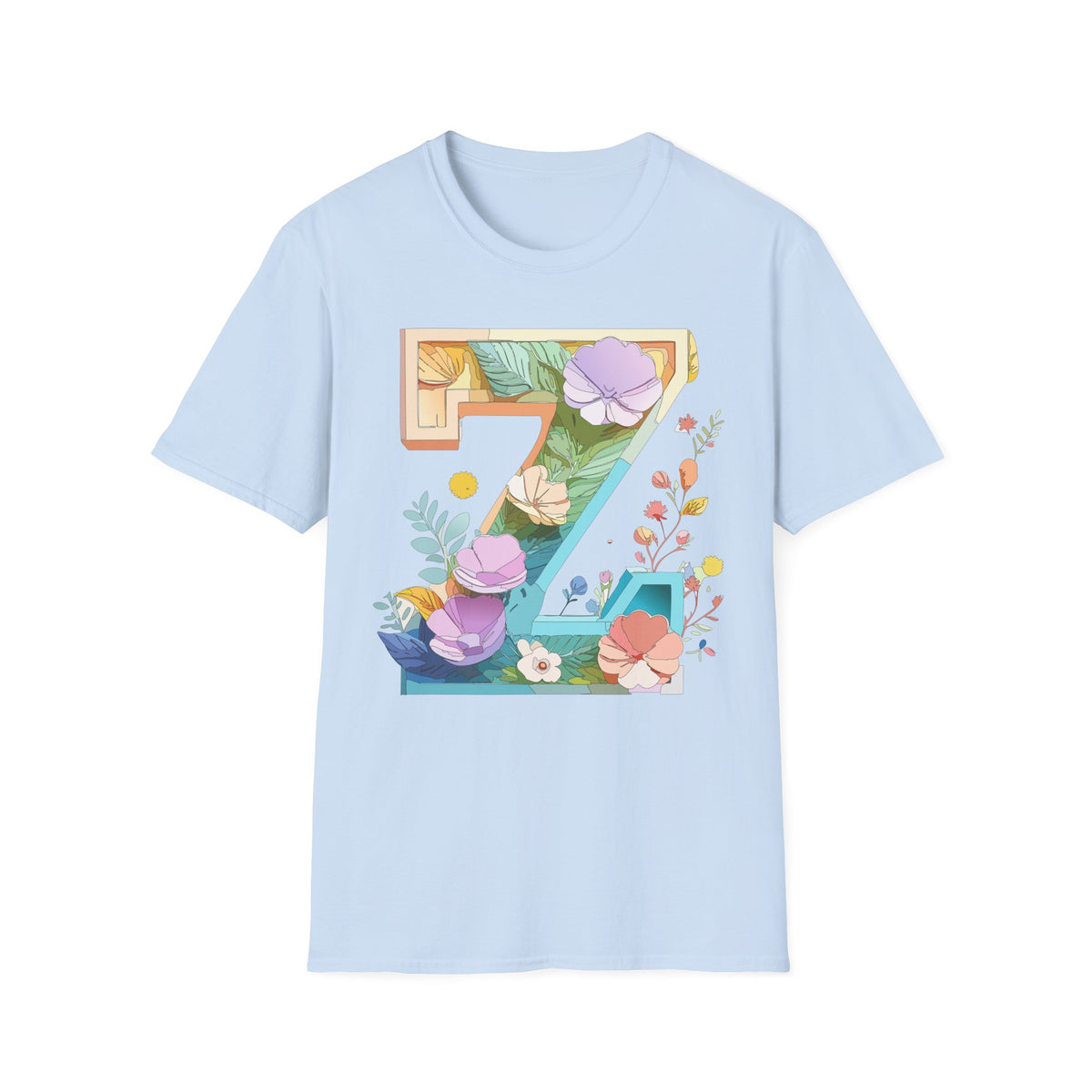 Floral Number 7 T-Shirt | Botanical Letter 7, Flower Initial Tee