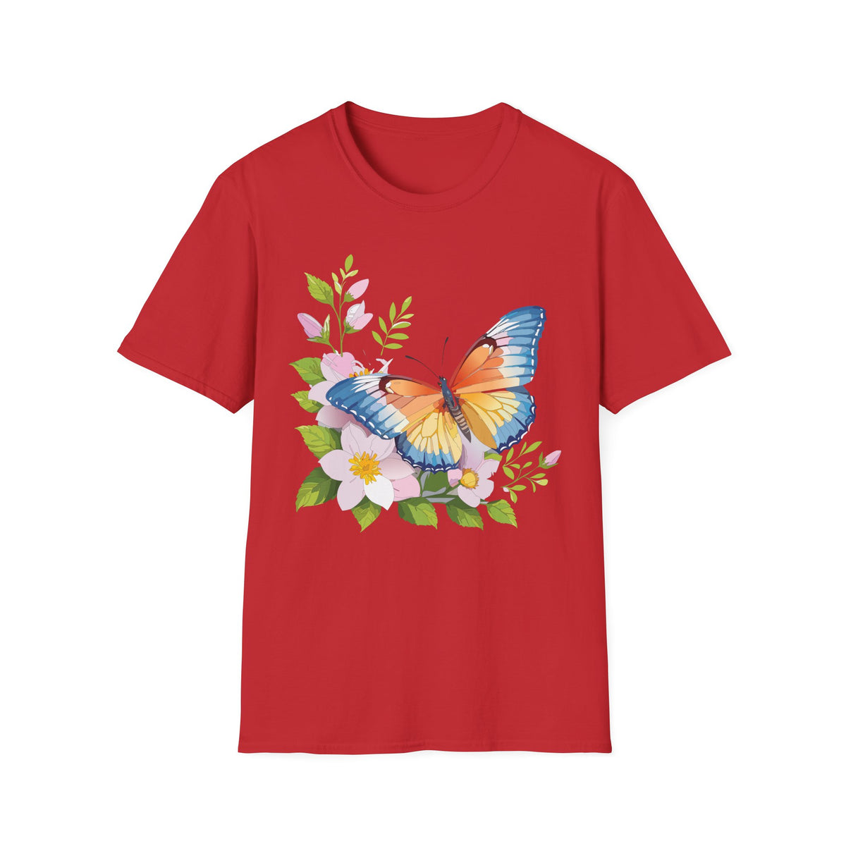 Butterfly Floral T-Shirt — Watercolor Orange & Blue Butterfly on Blossoms Graphic Design Unisex 100 Cotton Gildan T-Shirt