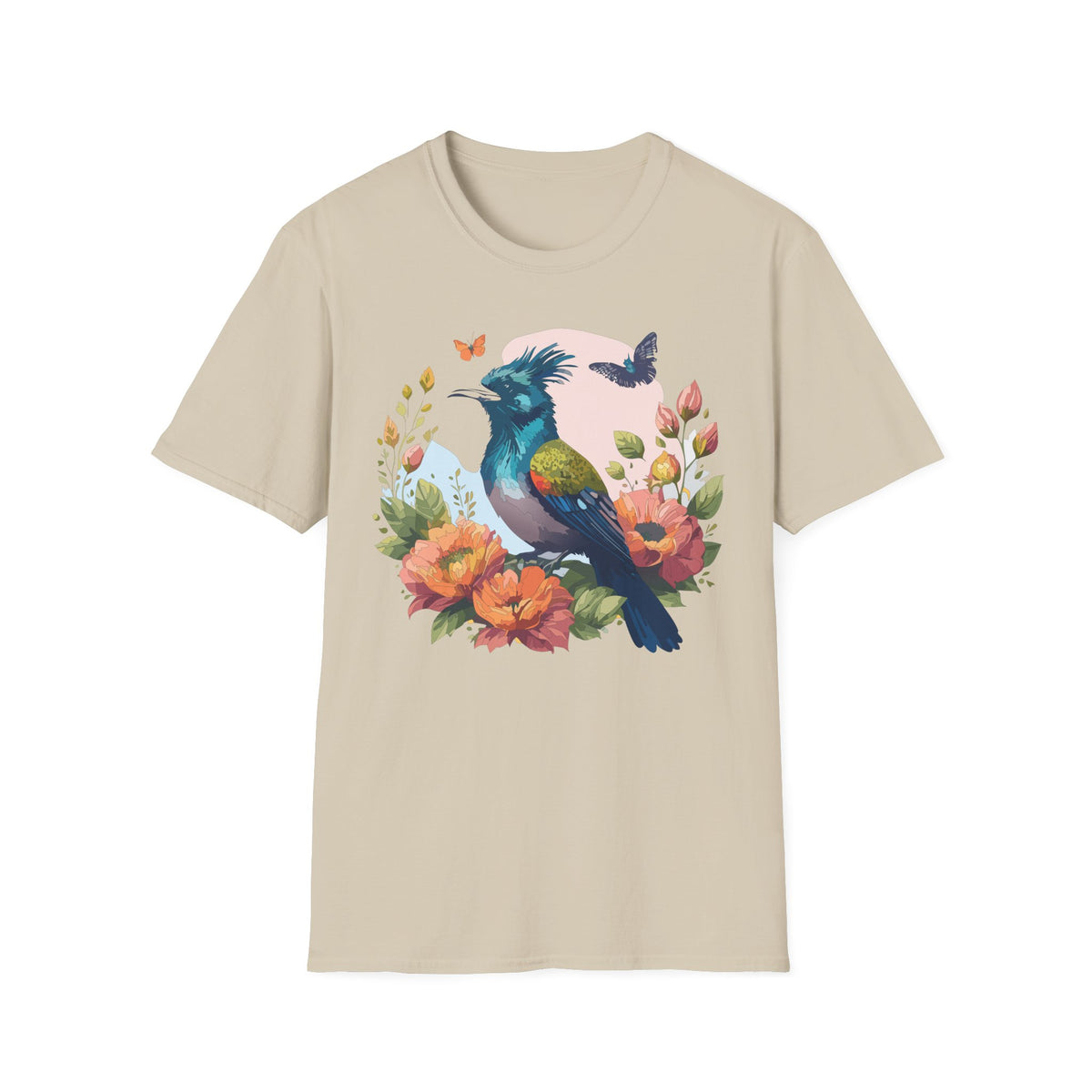 Colorful Crested Bird T-Shirt | Floral Bird Illustration, Spring Nature Tee