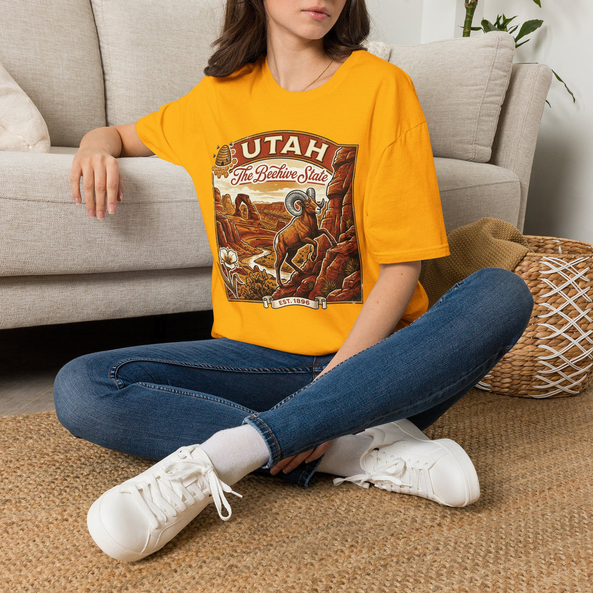 Utah State Retro Bighorn Sheep T-Shirt Travel Tourist Graphic Design Unisex 100 Cotton Gildan T-Shirt