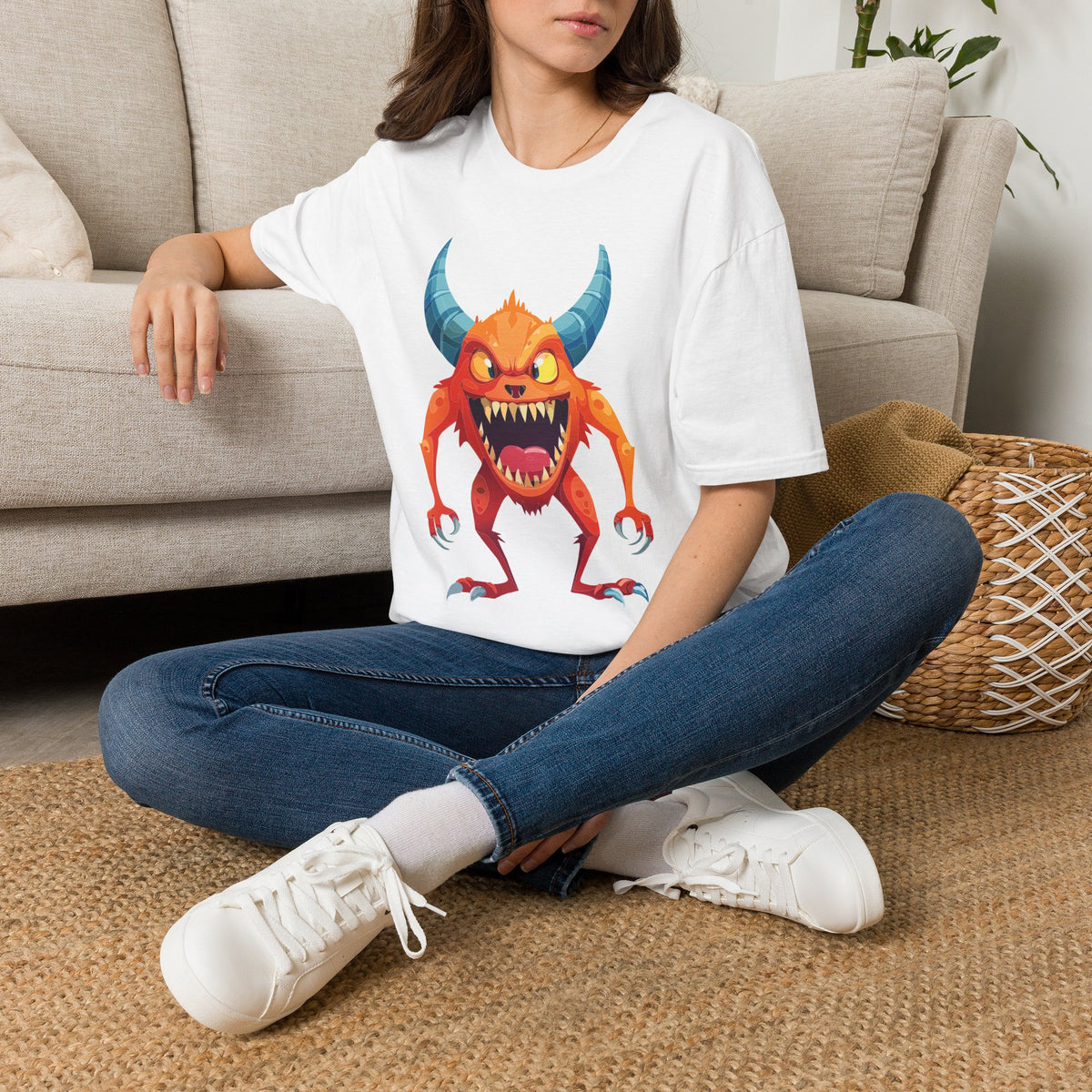 Orange Horned Monster T-Shirt — Cute Scary Cartoon Tee for Kids & Halloween Cartoon Graphic Tee Unisex 100 Cotton Gildan T-Shirt
