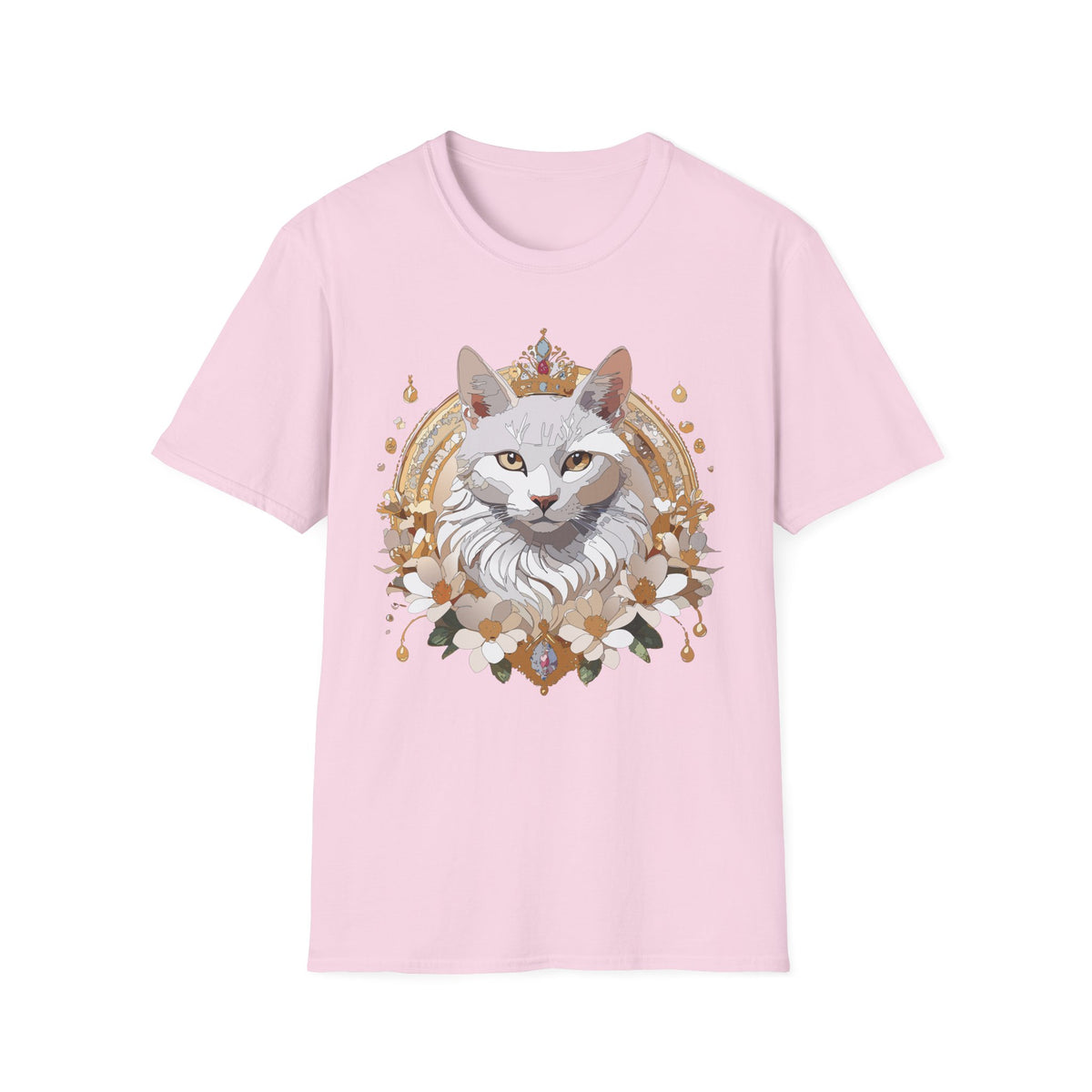 Regal White Cat Illustration T-Shirt | Crowned Feline Art