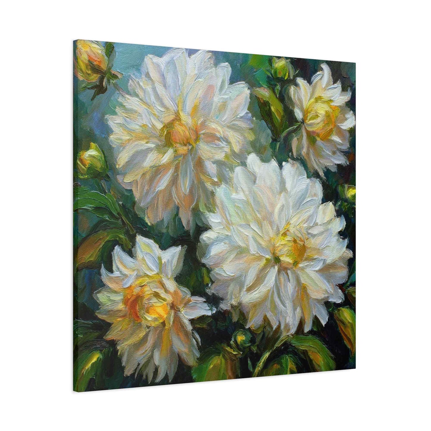 White Dahlias Print Canvas, Floral Oil Paint Print 20x20, 24x24, 30x30, 32x32, 36x36 Art Design Pine-Wood Inner Frame MC-169