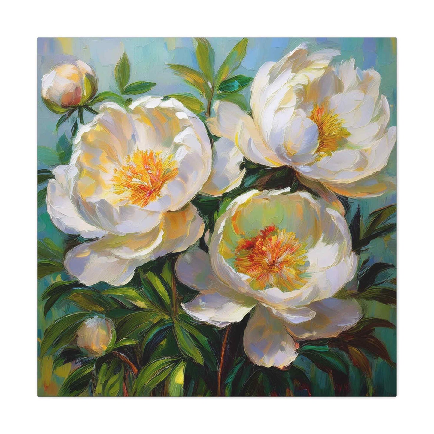 White Peonies Print Canvas, Floral Oil Paint Print 20x20, 24x24, 30x30, 32x32, 36x36 Art Design Pine-Wood Inner Frame MC-117