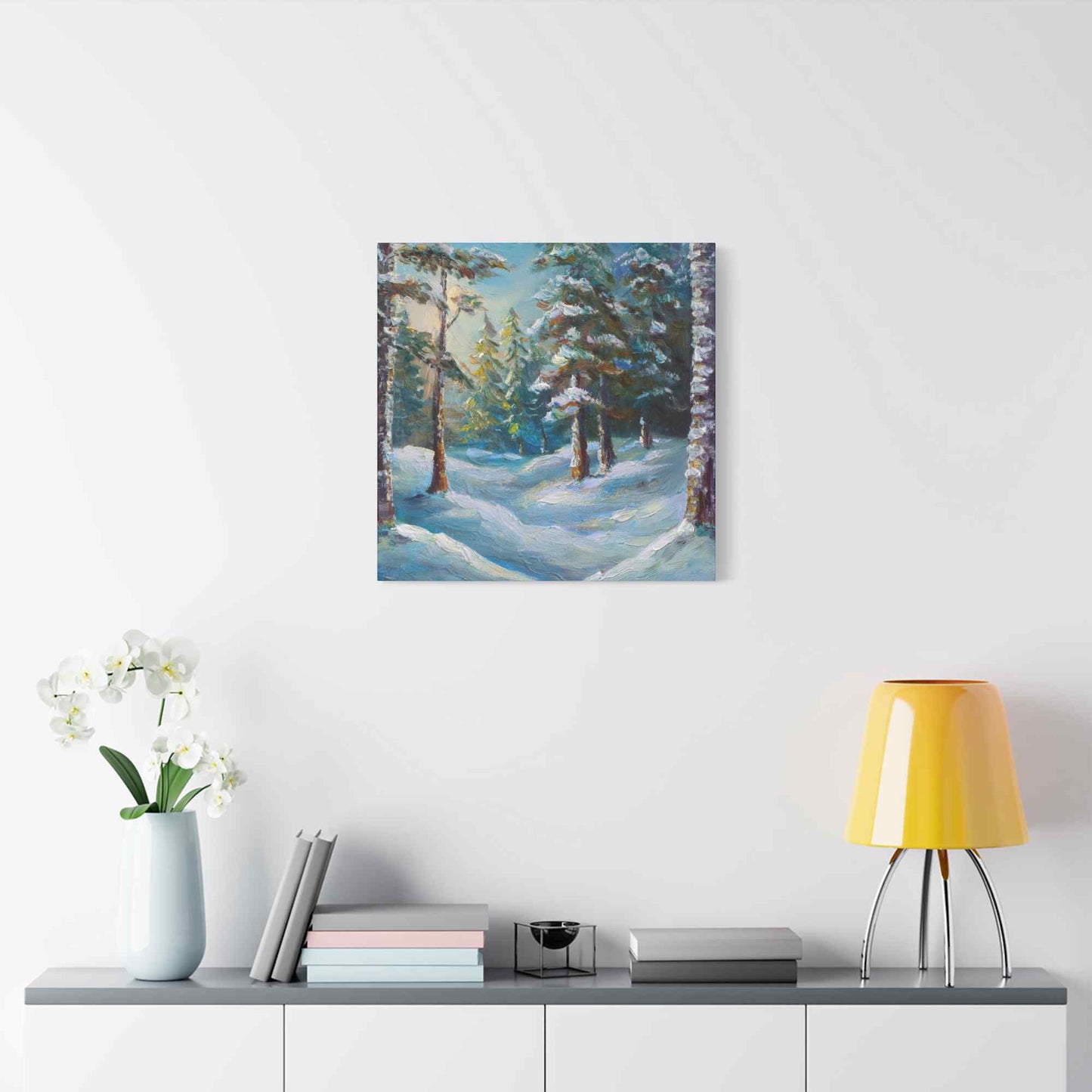 Snow Forest Print Canvas, Oil Paint Print 20x20, 24x24, 30x30, 32x32, 36x36 Art Design Print Pine-Wood Inner Frame MC-75