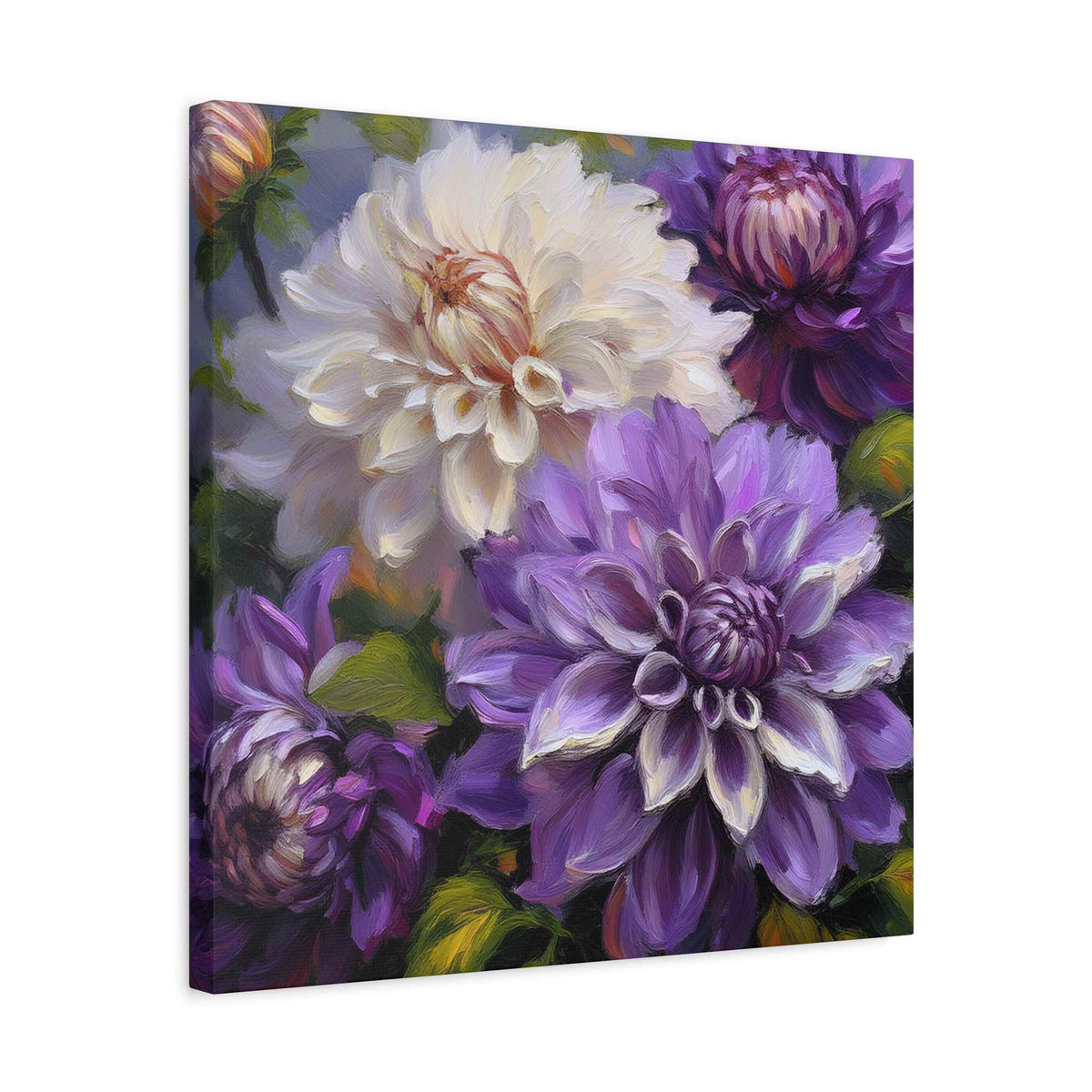 Dahlias Floral Print Canvas, Floral Oil Paint Print 20x20, 24x24, 30x30, 32x32, 36x36 Art Design Pine-Wood Inner Frame MC-172