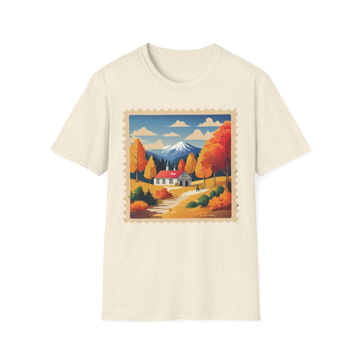 Autumn Mountain Cabin T-Shirt | Fall Landscape Stamp Art