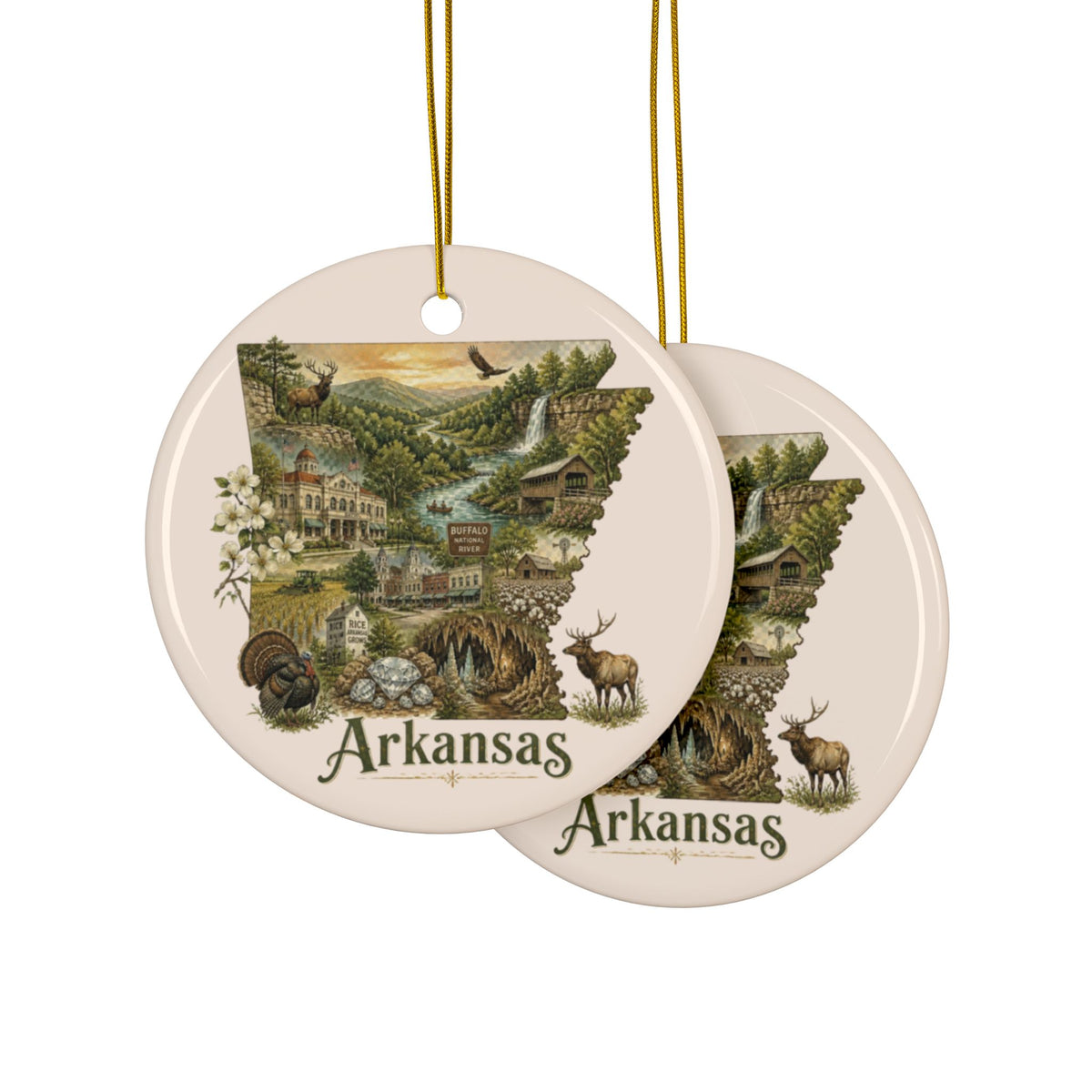 Arkansas State Map Collage Ceramic Ornament | Round Two-Sided Ornament - 2.99" Includes Gold String