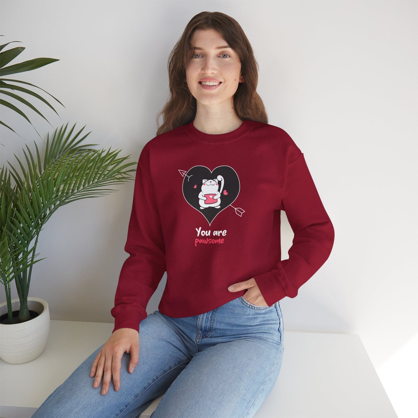 Cat Heart Sweatshirt Unisex Valentines Day Fifty Fifty Cotton Poly Crewneck Gildan 18000