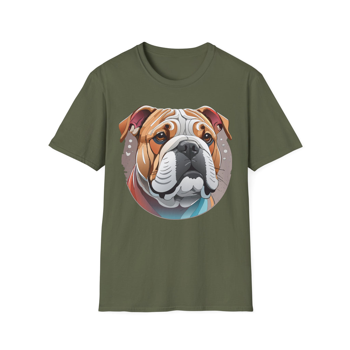 Bulldog Graphic T-Shirt — Colorful English Bulldog Portrait Graphic Design Unisex 100 Cotton Gildan T-Shirt