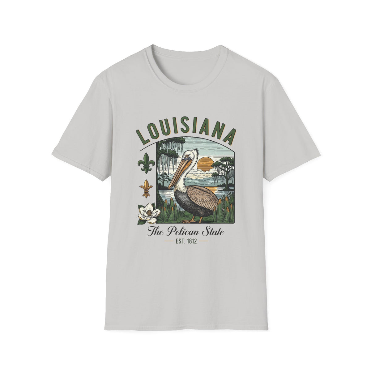 Louisiana Pelican State Graphic T-Shirt — Vintage Bayou Sunset Travel Tourist Graphic Design Unisex 100 Cotton Gildan T-Shirt