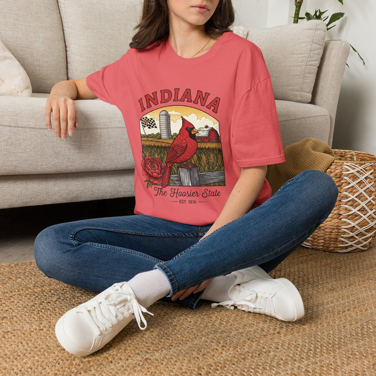 Indiana Cardinal Bird Tee — The Hoosier State Vintage Farm Design Travel Tourist Graphic Design Unisex 100 Cotton Gildan T-Shirt