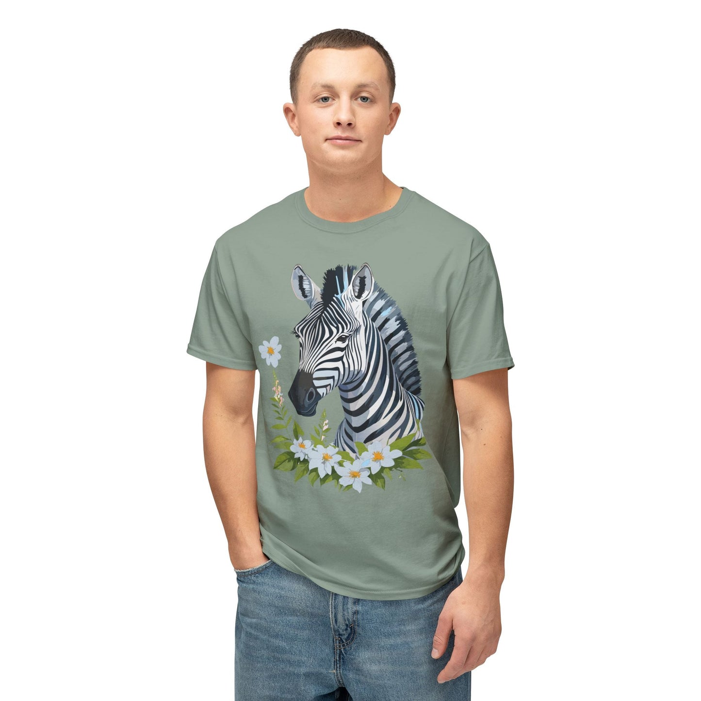 Unisex Zebra Art Print T Shirt 100% Cotton Vintage Floral Tee Made in USA Premium Graphic Tee