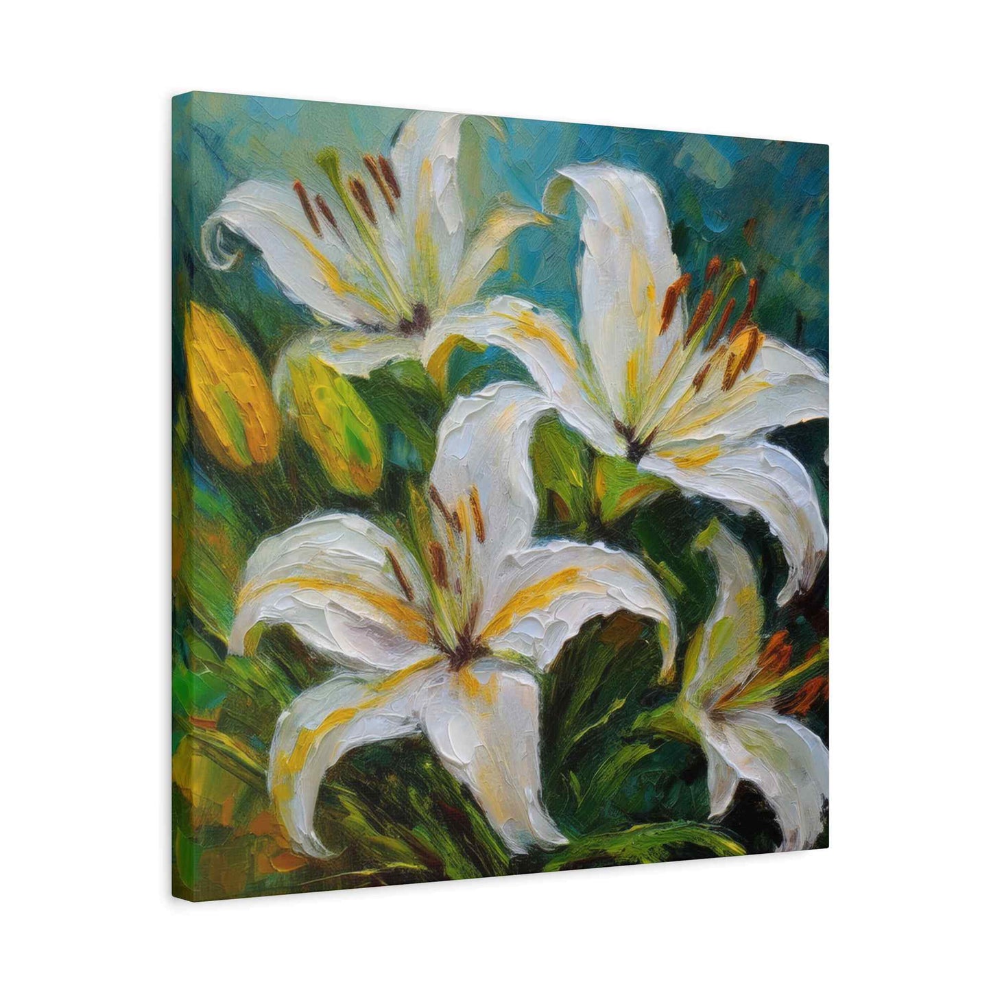 White Lilies Print Canvas, Floral Oil Paint Print 20x20, 24x24, 30x30, 32x32, 36x36 Art Design Pine-Wood Inner Frame MC-153