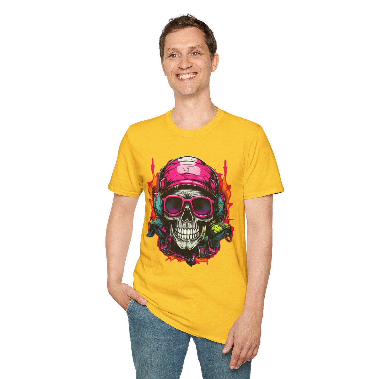 Unisex Skull Tee Shirt With Skeleton Design Gildan Softstyle 64000 Ring Spun Cotton