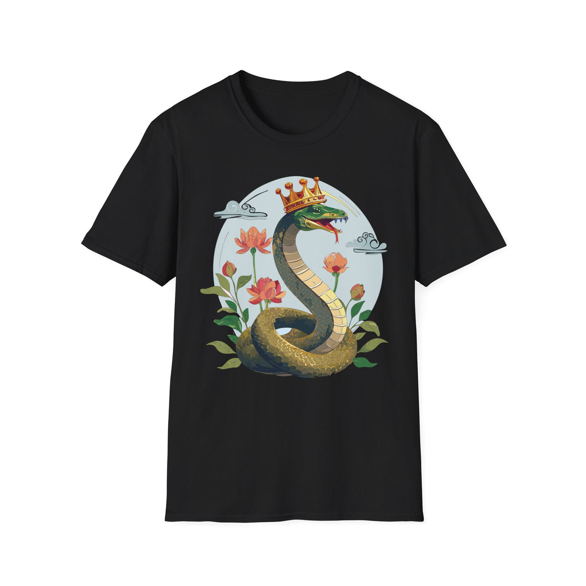 Crowned Snake Tee | Regal Serpent Floral Illustration T-Shirt