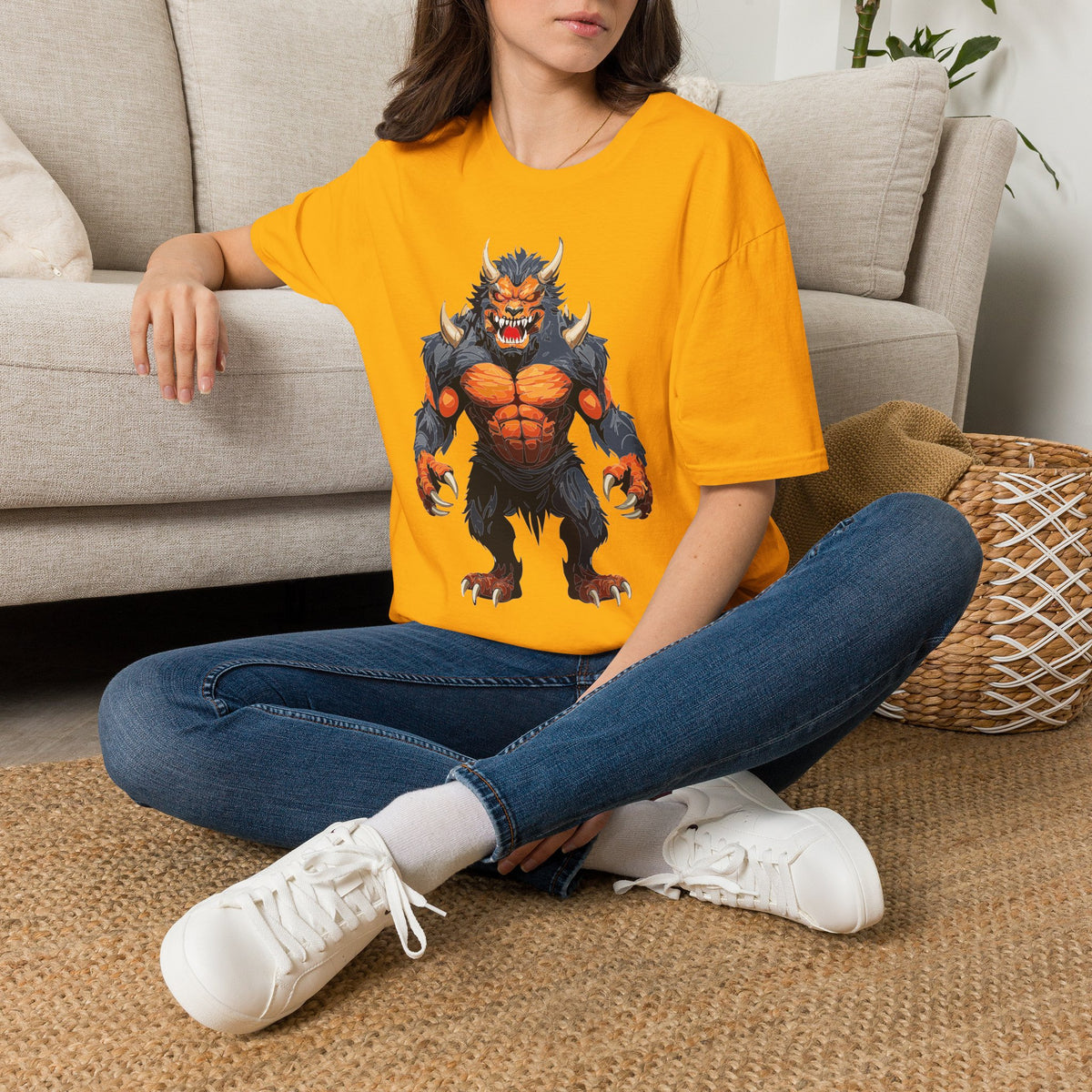 Werewolf Monster T-Shirt — Fierce Fiery Beast Cartoon Graphic Tee Unisex 100 Cotton Gildan T-Shirt