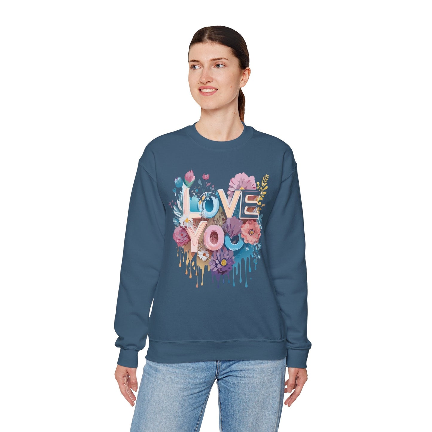 Floral Love Sweatshirt Unisex Heavy Blend Crewneck Valentine Day Flower Print Cozy Fleece Warm Gift