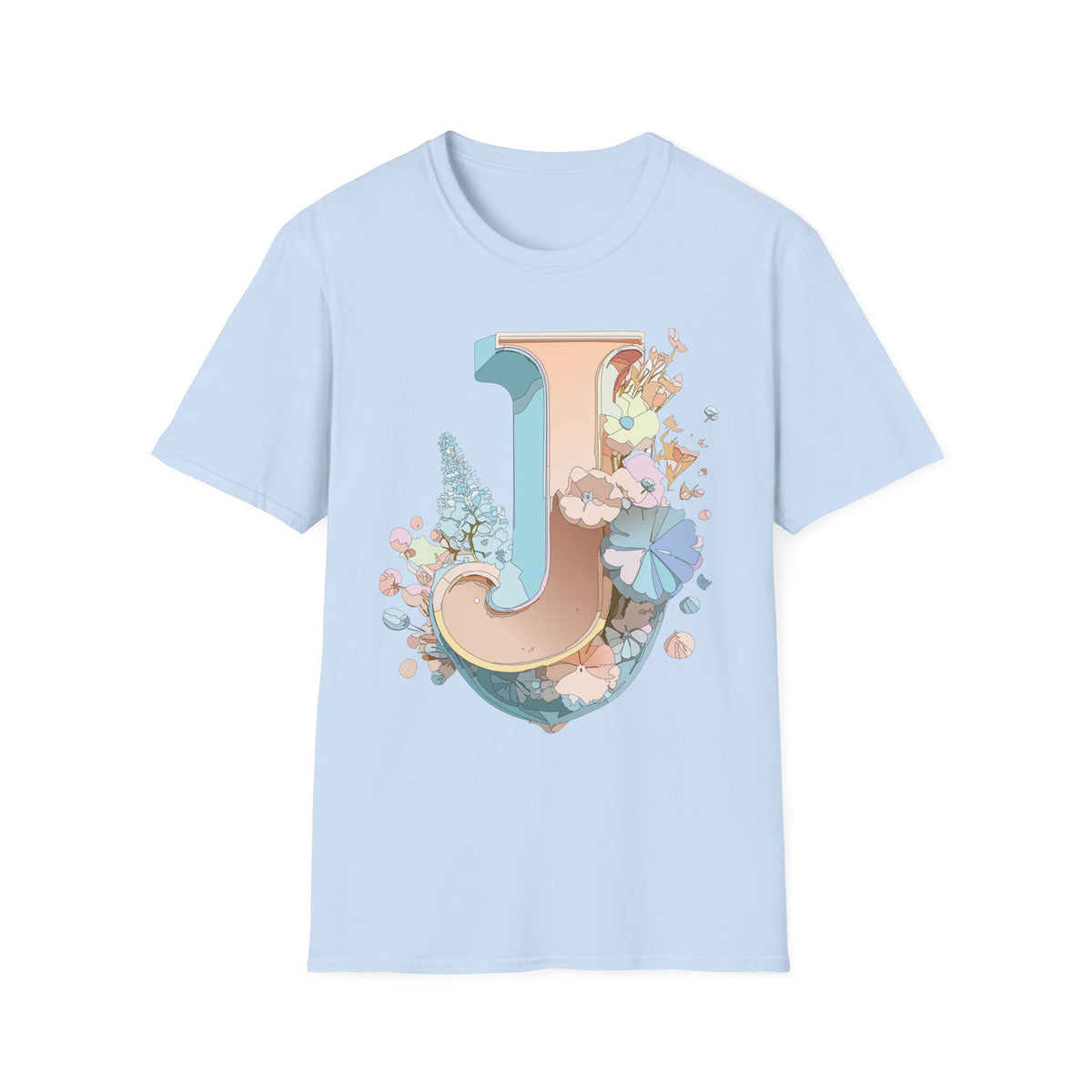 Floral Letter J T-Shirt | Monogram Initial Tee, Pastel Botanical Typography