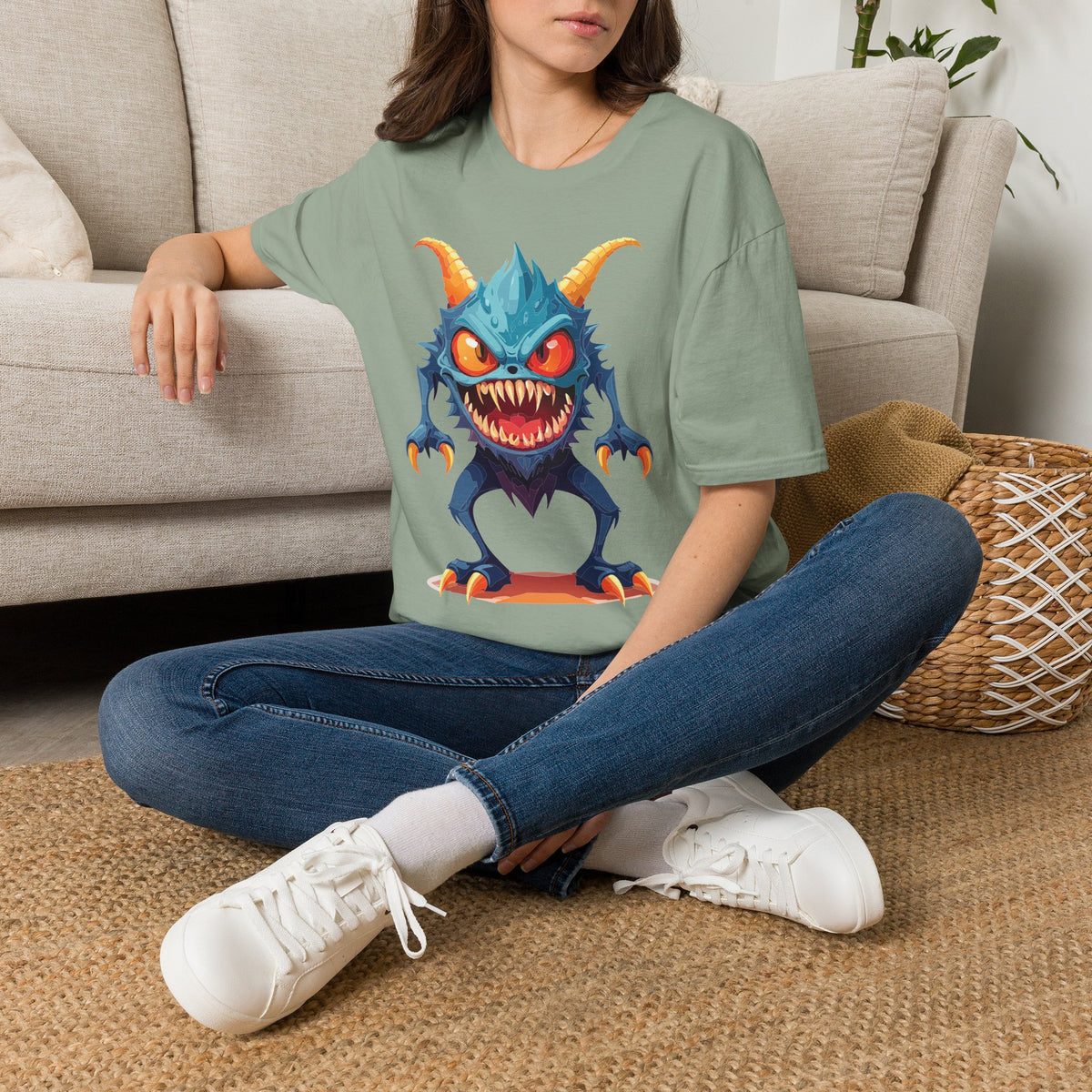 Monster Graphic T-Shirt — Cute Scary Blue Demon Tee for Halloween & Gamer Fans Cartoon Graphic Tee Unisex 100 Cotton Gildan T-Shirt
