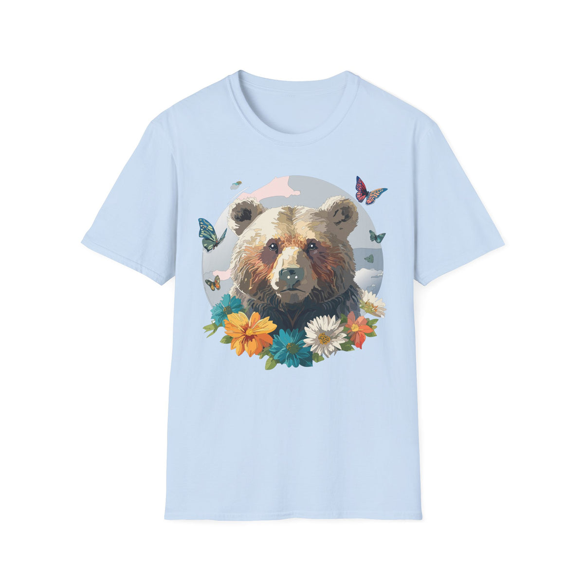 Bear Portrait with Butterflies T-Shirt | Floral Nature Animal Graphic Tee Unisex 100 Cotton Gildan T-Shirt