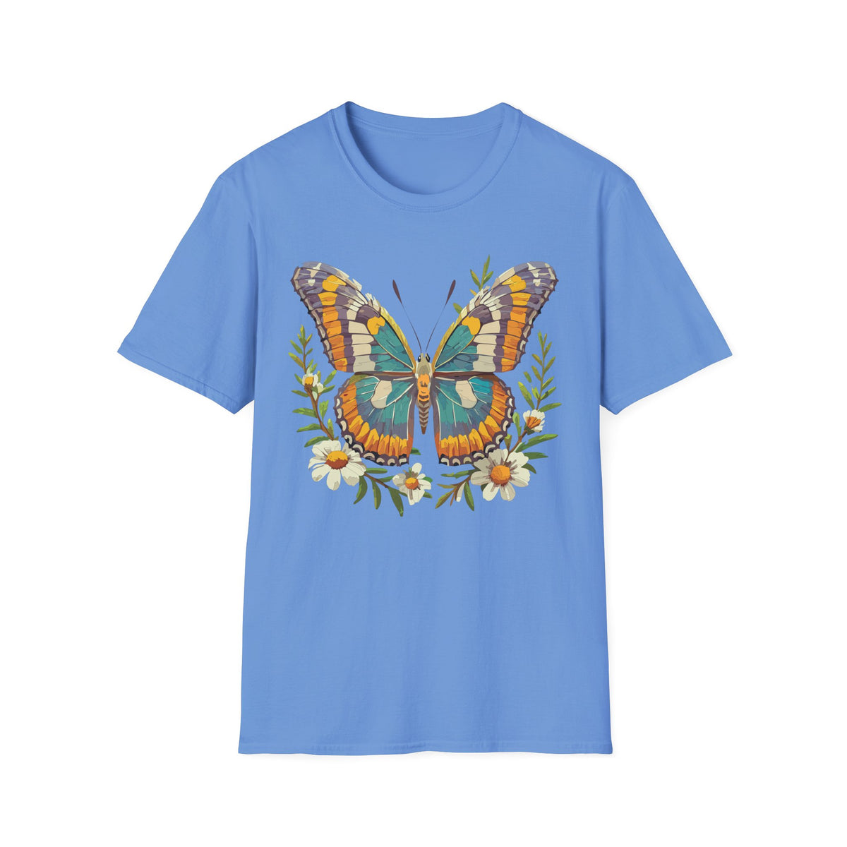 Teal Orange Butterfly T-Shirt | Floral Butterfly Illustration Graphic Tee Unisex 100 Cotton Gildan T-Shirt