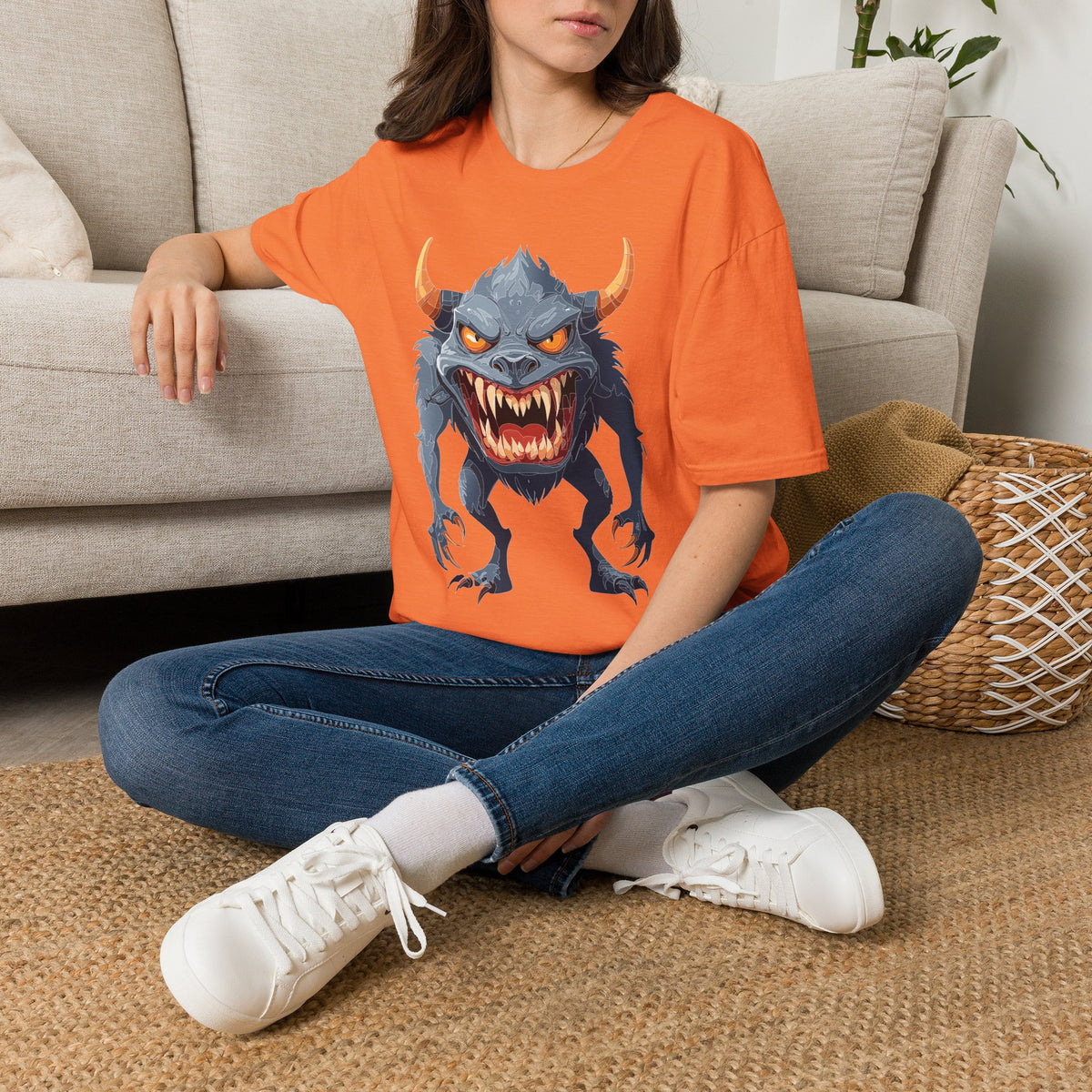 Demonic Monster Graphic T-Shirt — Fierce Horned Creature Cartoon Graphic Tee Unisex 100 Cotton Gildan T-Shirt