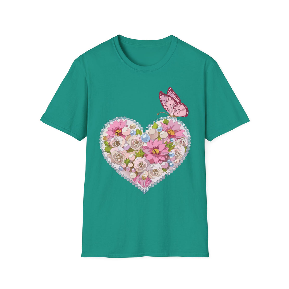 Floral Heart with Butterfly T-Shirt | Pink Flower Heart Graphic Tee Unisex 100 Cotton Gildan T-Shirt