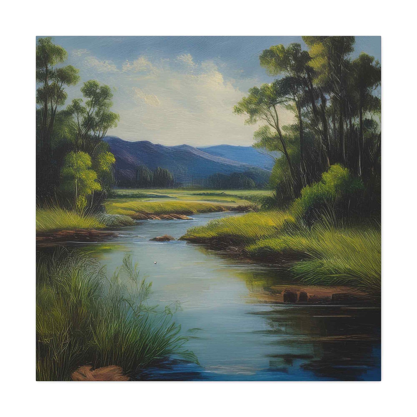 River Print Canvas, Landscape Oil Paint Print 20x20, 24x24, 30x30, 32x32, 36x36 Art Design Print Pine-Wood Inner Frame MC-54