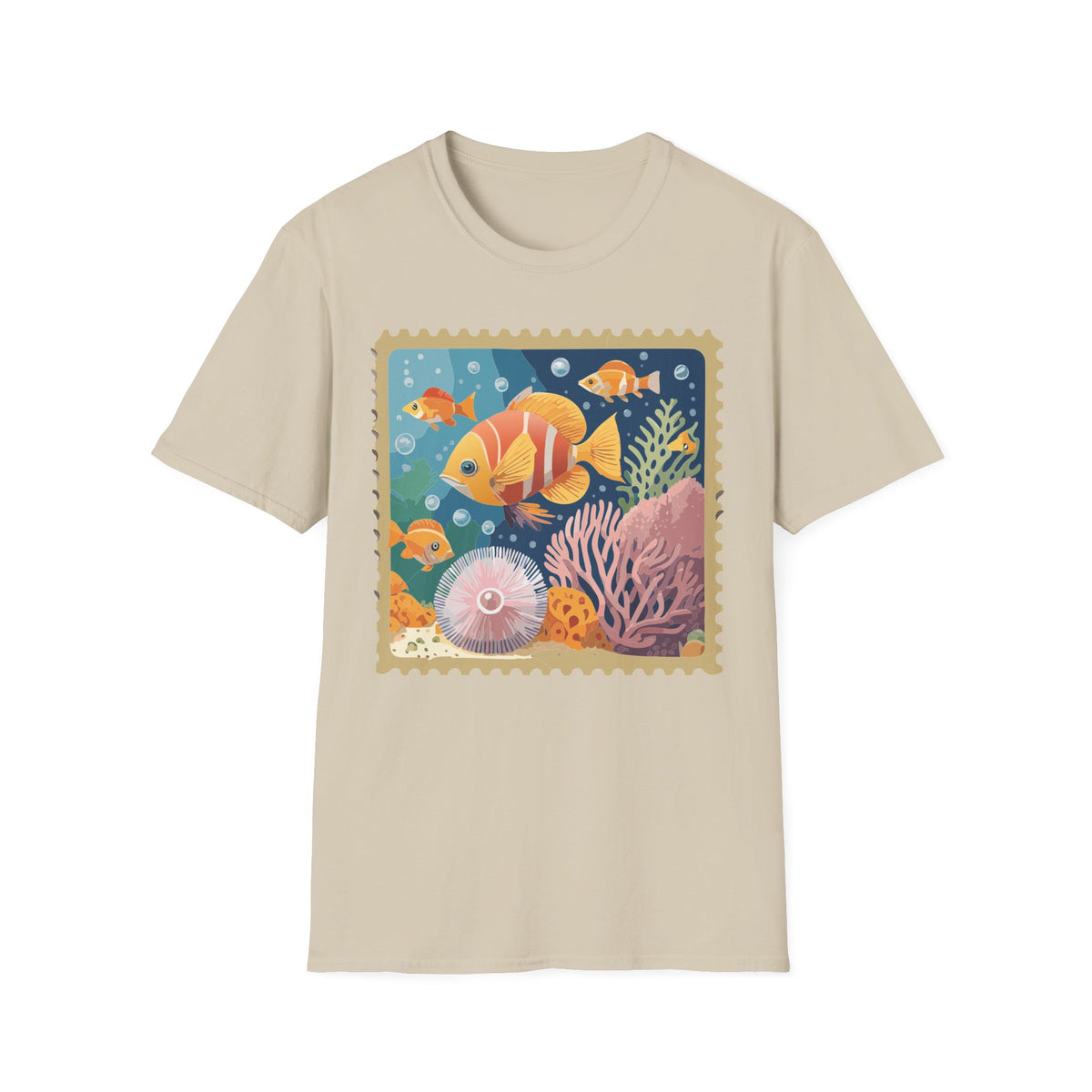 Tropical Clownfish Stamp Tee | Fish Reef Illustration Graphic Tee Unisex 100 Cotton Gildan T-Shirt