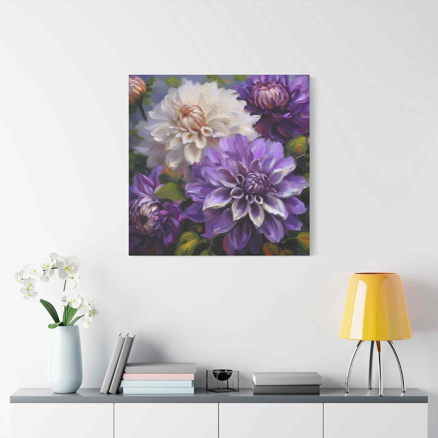 Dahlias Floral Print Canvas, Floral Oil Paint Print 20x20, 24x24, 30x30, 32x32, 36x36 Art Design Pine-Wood Inner Frame MC-172
