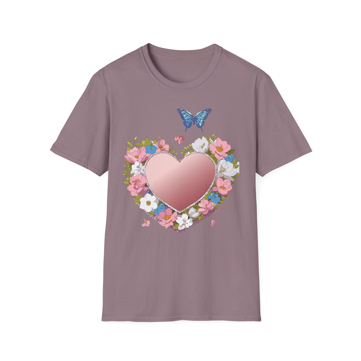 Floral Heart with Blue Butterfly T-Shirt | Pink Heart Floral Graphic Tee Unisex 100 Cotton Gildan T-Shirt