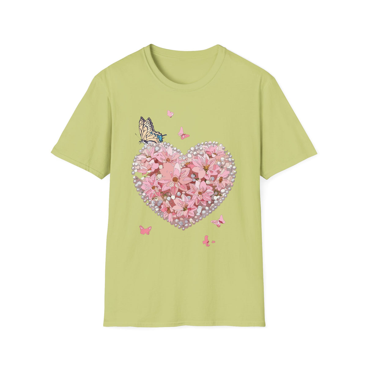 Pink Floral Heart with Butterfly T-Shirt | Spring Floral Graphic Tee Unisex 100 Cotton Gildan T-Shirt
